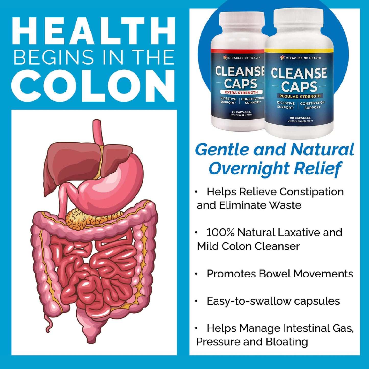 Miracles of Health Herbal Cleanse Caps - Regular Strength | 100% Natural Laxative and Colon Cleanser