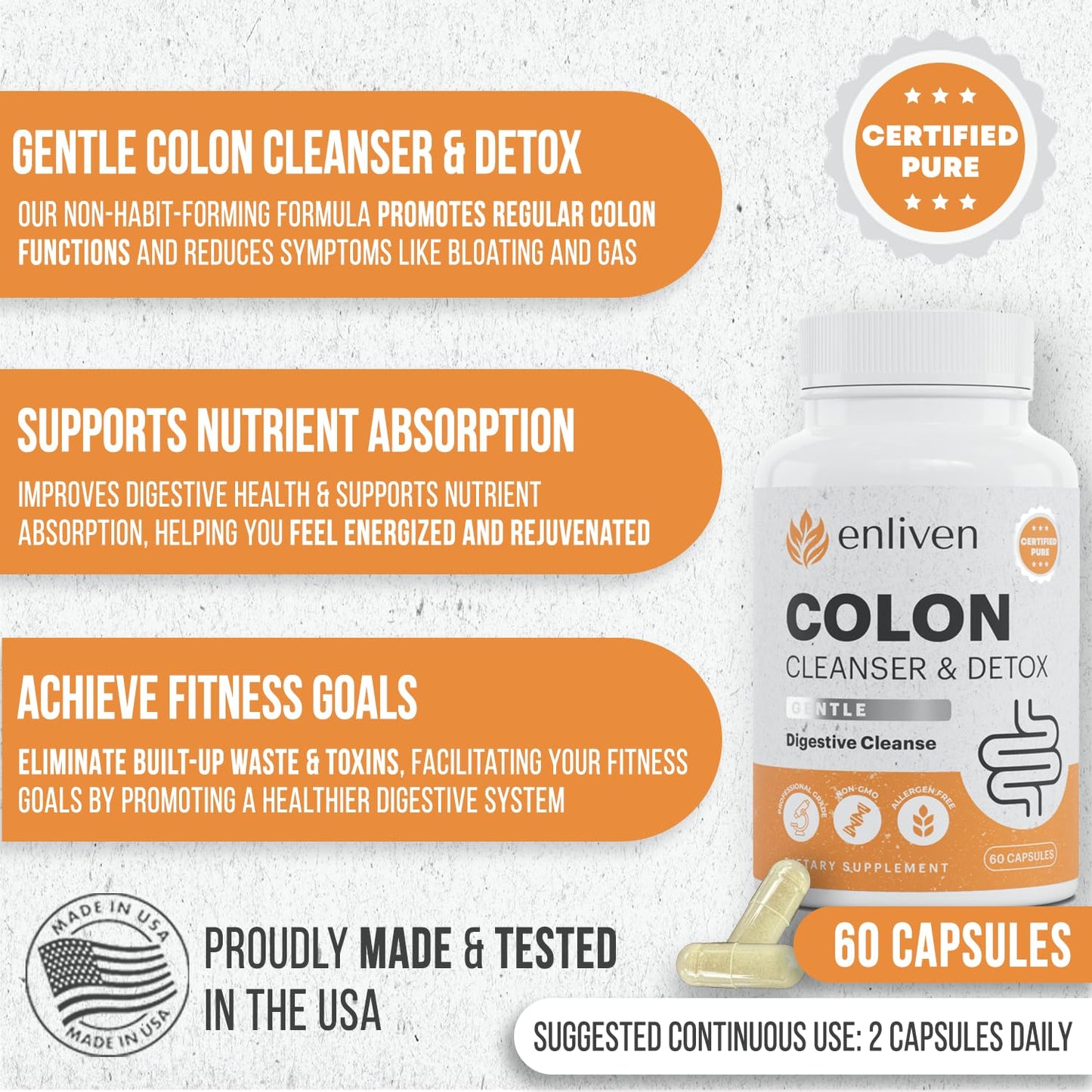 enliven Gentle Colon Cleanse | Daily Detox Cleanse for Weight Loss | Natural Herb Blend Supports Regular Digestive Health | Made in The US 60 Capsules