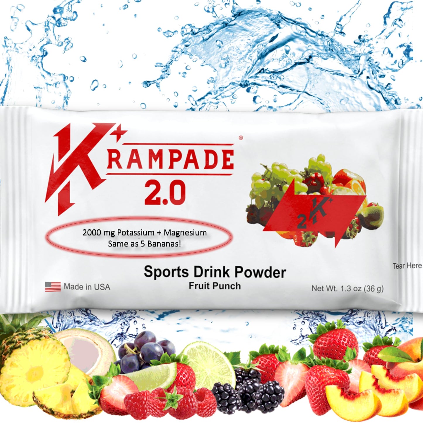 Krampade Potassium Magnesium Supplement Electrolytes Powder - 50 mg Mag + 2000 mg K, >2X More Than Coconut Water | Cramp Relief | Hydration Packets