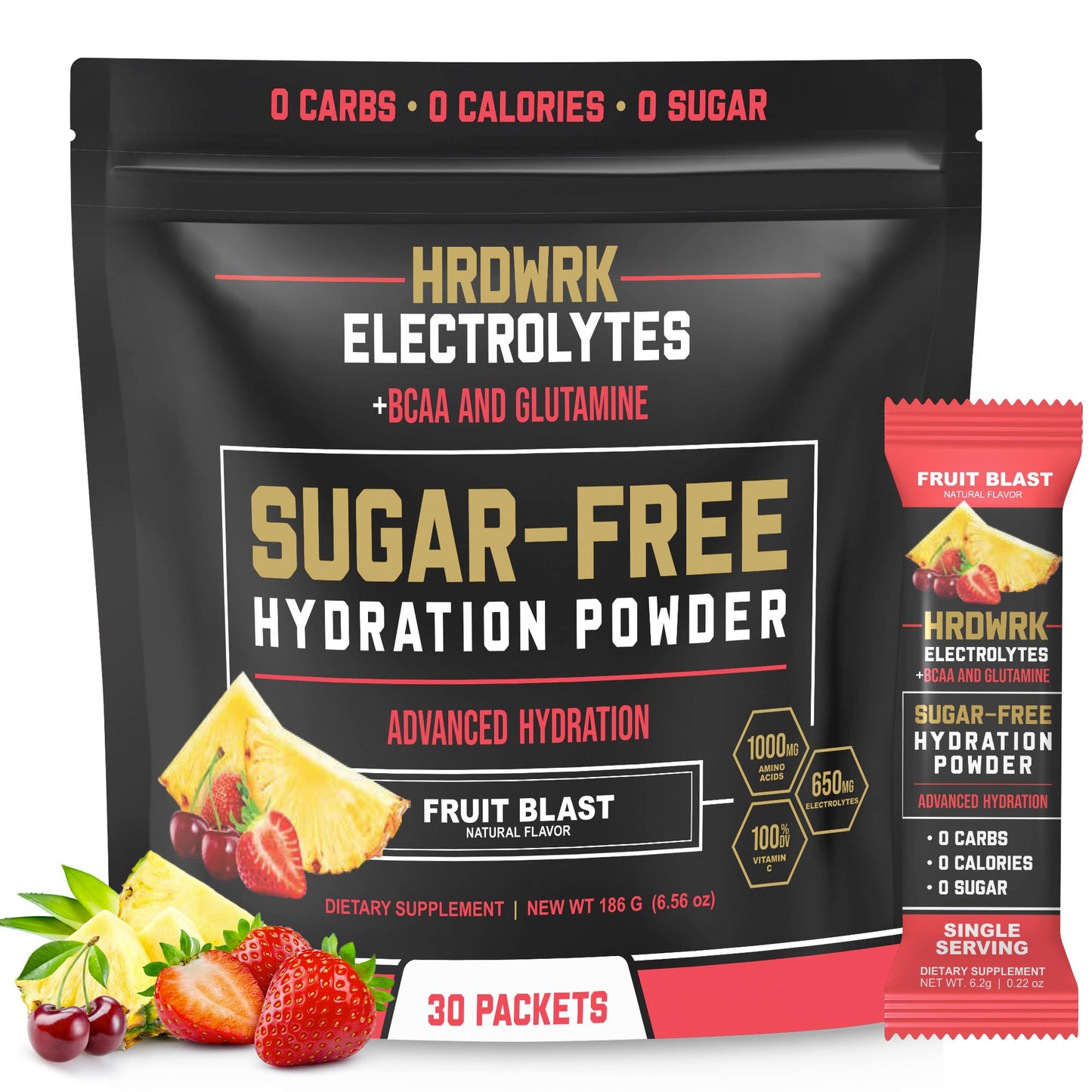 HRDWRK Electrolytes Powder Packets with Magnesium, Potassium Sodium, Keto Hydration Packets - BCAA Electrolyte Powder Packets with Glutamine, 30 Electrolytes Powder Packets Sugar Free (Fruit Blast)