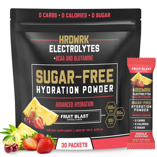 HRDWRK Electrolytes Powder Packets with Magnesium, Potassium Sodium, Keto Hydration Packets - BCAA Electrolyte Powder Packets with Glutamine, 30 Electrolytes Powder Packets Sugar Free (Fruit Blast)