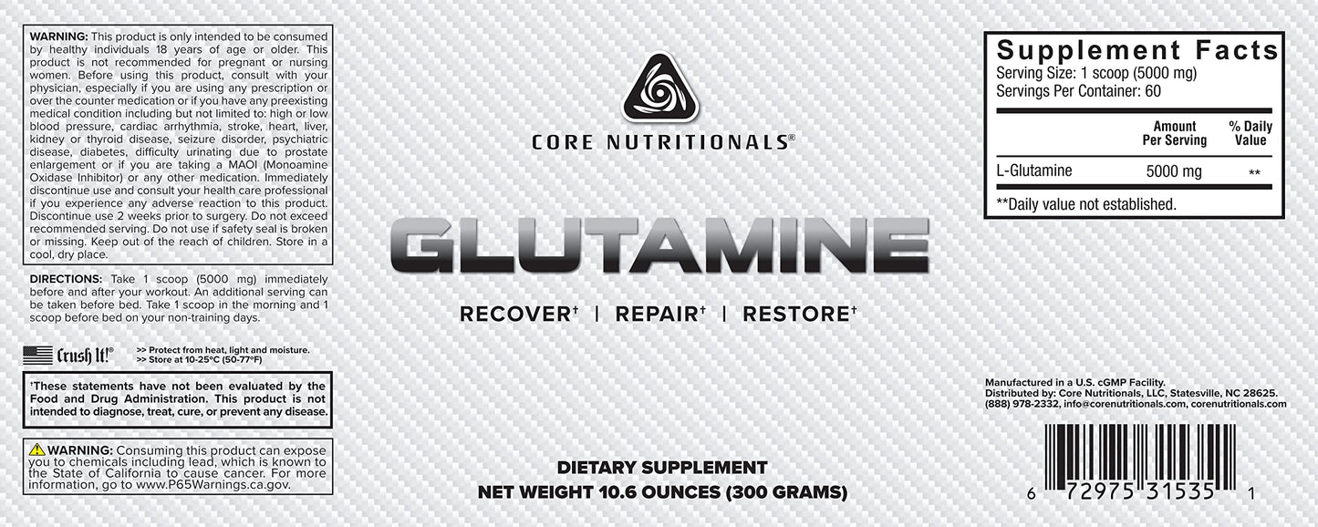 Core Nutritionals Glutamine, Enhances Muscle Growth and Immune Support, 5000mg, 60 Servings
