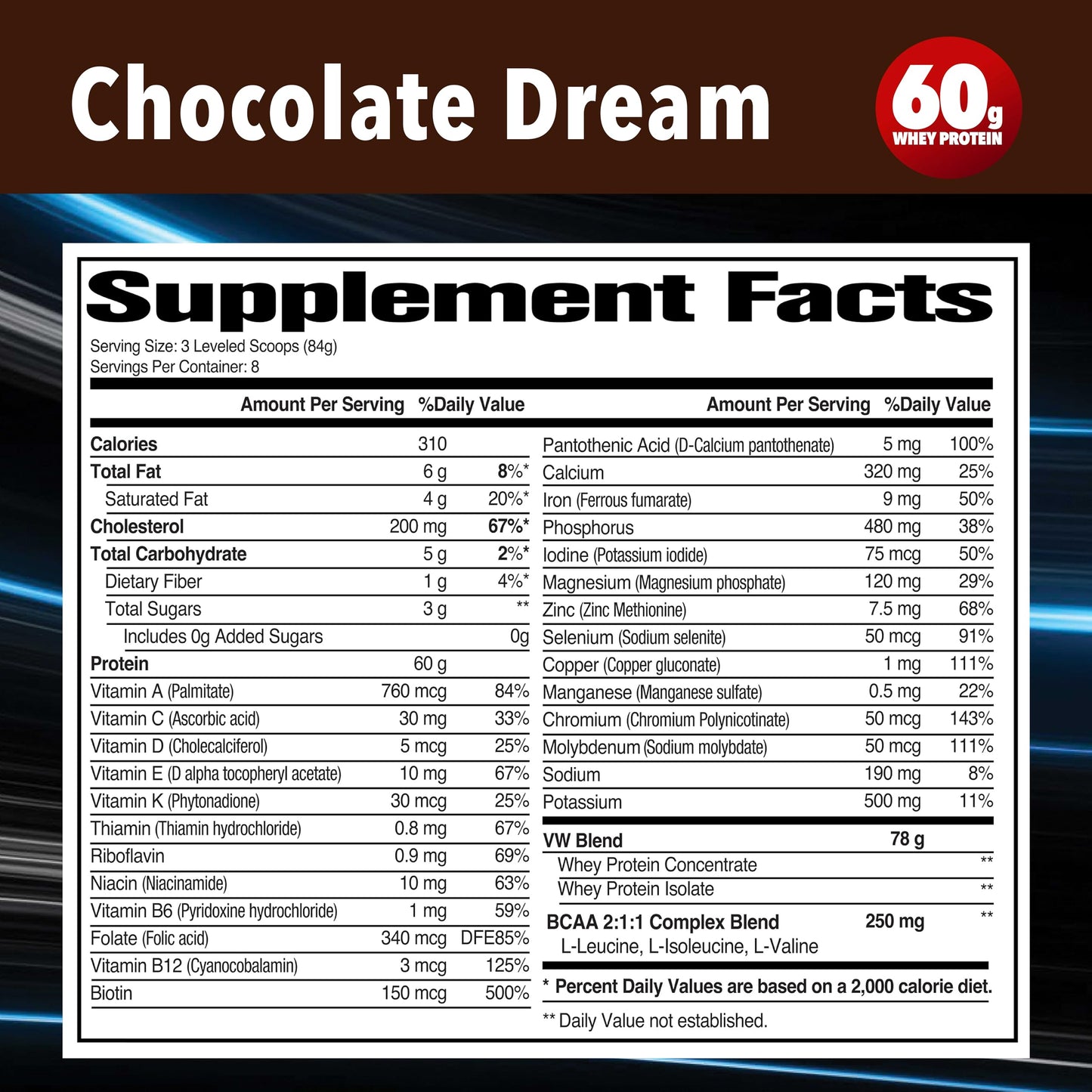 Vitamin Whey - Premium Whey Protein Powder, Chocolate Dream, 60g Protein, Gluten-Free, BCAA Complex, 26 Vitamins & Minerals