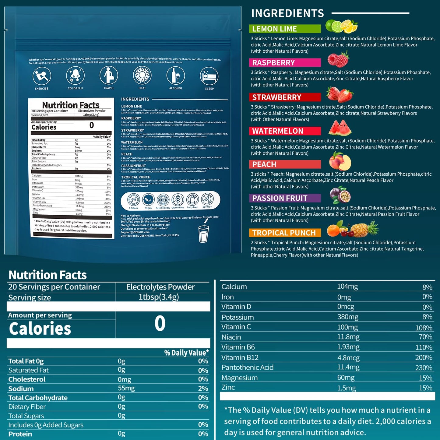 OZENKE Electrolytes Powder Packets, Hydration Packets, Electrolytes Powder No Sugar, Portable Electrolyte Drink Mix for Rapid Hydration, Sugar Free & Low Sodium | 0 Calorie | 7 Flavors | 20 Sticks