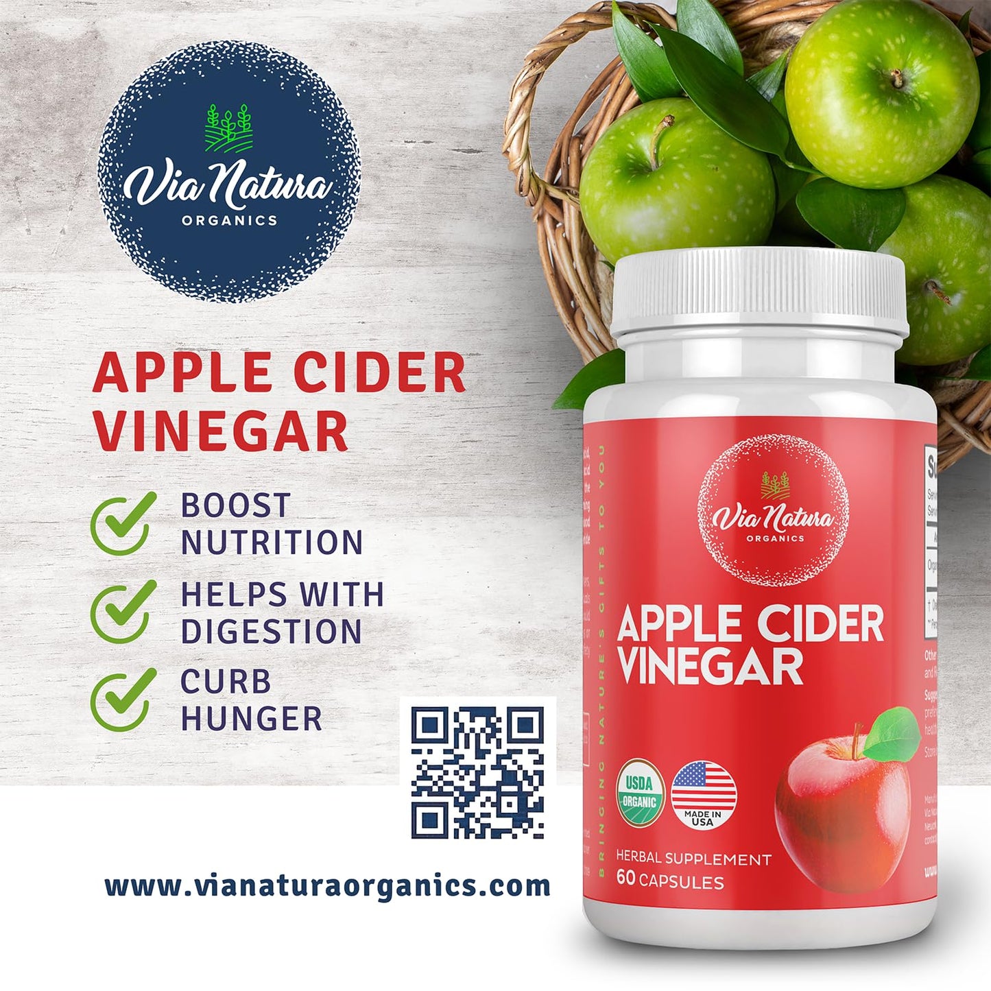 Via Natura Organics Apple Cider Vinegar Capsules 1000mg | Organic Herbal Supplement | 60 Capsules