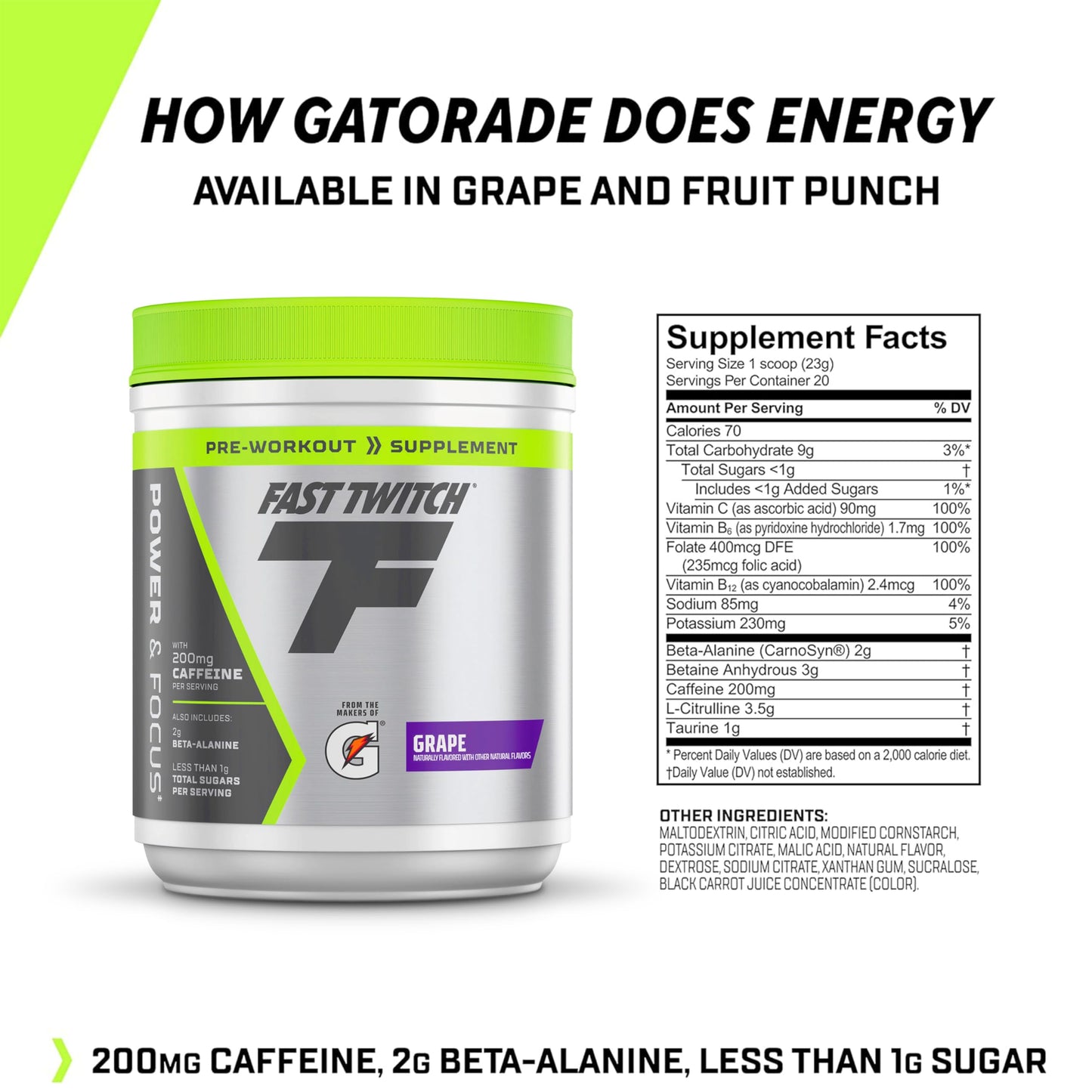 Fast Twitch from the makers of Gatorade,Caffeinated Pre-workout Supplement Mix,Grape,1.01lb (Pack of 1),3.5g L-Citrulline,3g Betaine,2g Carnosine beta-alanine,Vitamin B6,B12 and 200mg caffeine
