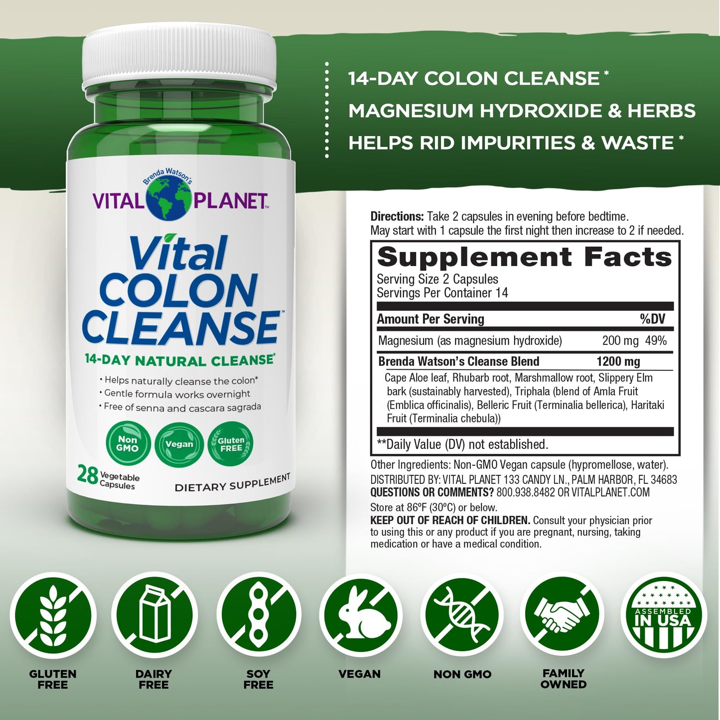Vital Planet - Vital Colon Cleanse 14-Day Colon Cleanser and Detox with Magnesium Hydroxide, Slippery Elm, and Aloe for Digestive Health Support, Occasional Constipation, and Bloating 28 Capsules