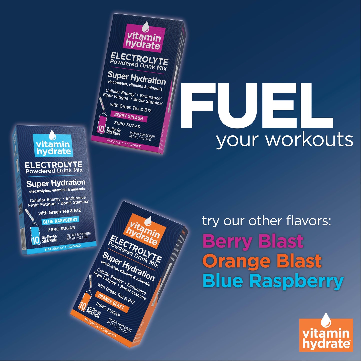 Vitamin Hydrate Electrolyte Powdered Drink Mix, Super Hydration, Boost Stamina & Fight Fatigue, Bursting with Electrolytes, Vitamins & Minerals, 0 Sugar, Orange Blast, 10 Stick Packs