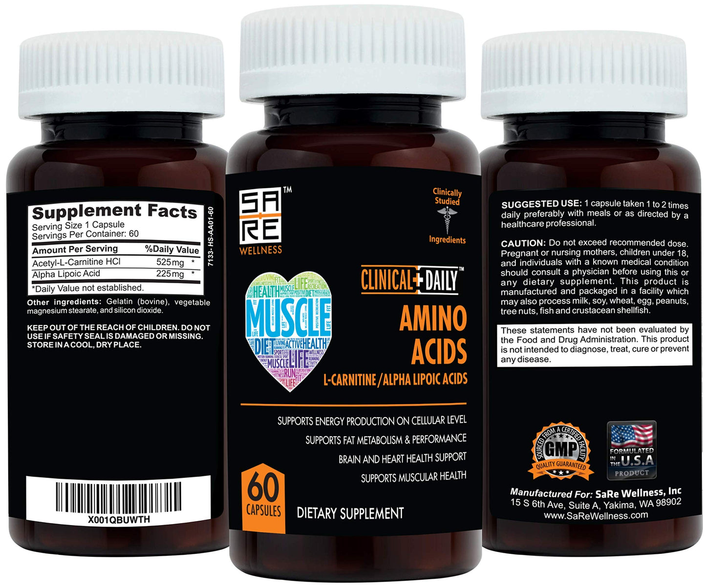 CLINICAL DAILY Acetyl L Carnitine - Alpha Lipoic Essential Amino Acids Supplements Capsules for Women, Men or Elderly- ALCAR ALA Complex Helps Boost Metabolism, Brain, Heart, & Muscle Health- 60 Pills