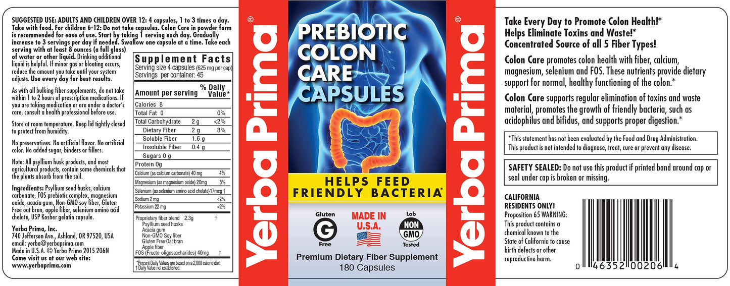 Yerba Prima Prebiotic Colon Care Capsules - 180 Count (Pack of 2), Gluten Free, Proudly Made in The USA, Non-GMO, Soluble & Insoluble Fiber, Supports A Healthy Functioning Colon