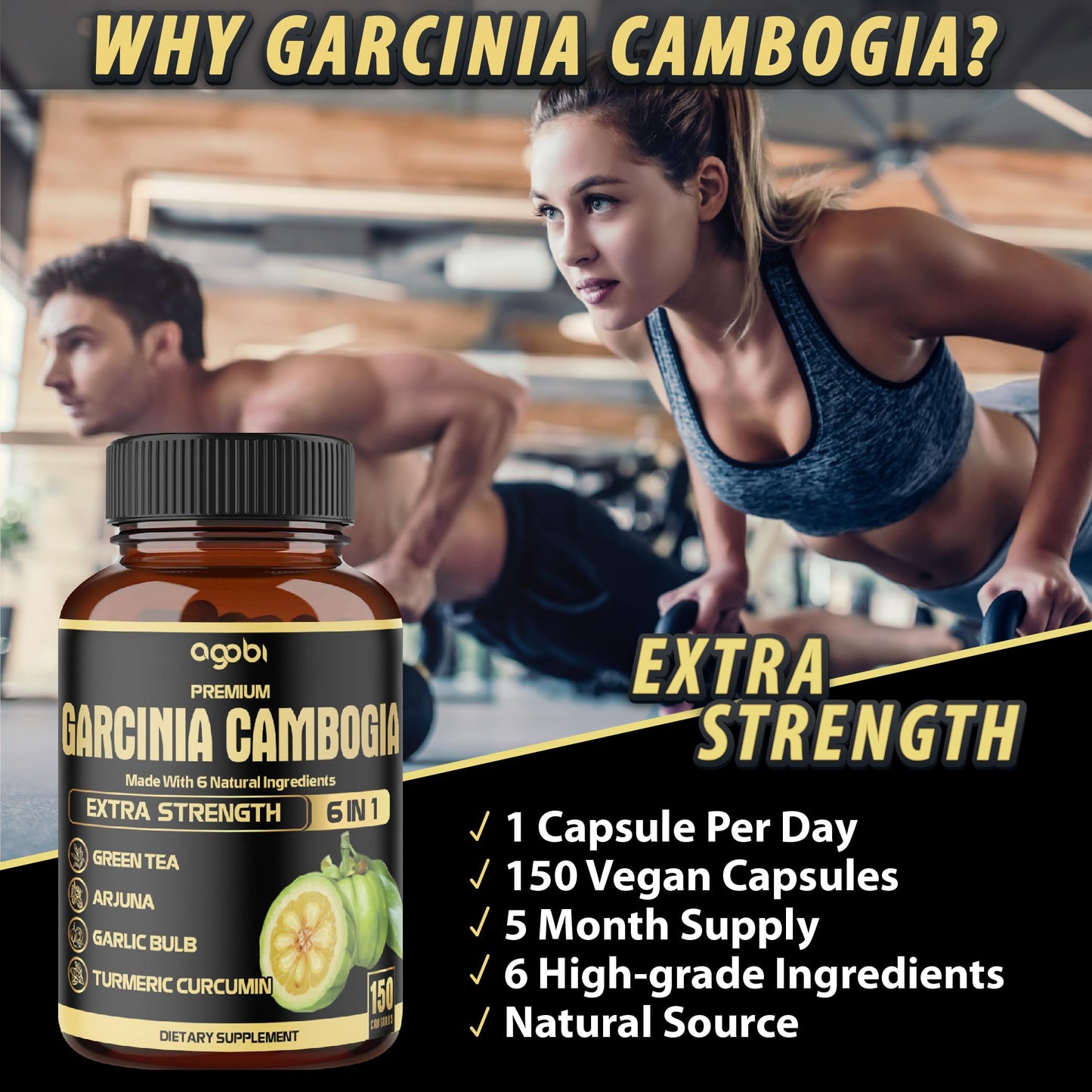 Premium Garcinia Cambogia Capsules with Green Tea, Arjuna, Garlic, Turmeric, Black Pepper - Body Health & Immune Support Supplement - 1 Pack 150 Caps for 5 Months