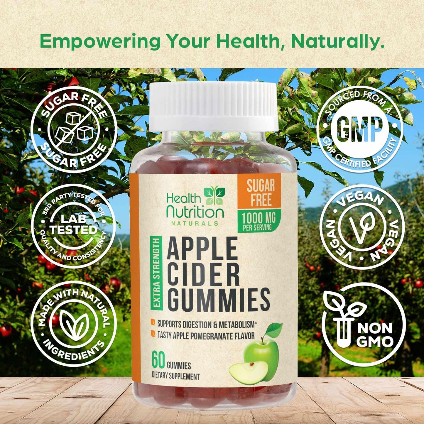 Vegan Apple Cider Vinegar Gummies | Max Strength 1000mg | Sugar Free ACV Supplement Gummy Vitamins Supports Digestion, Metabolism, Natural Apple Flavor with Mother, Non-GMO, Gluten Free - 60 Gummies