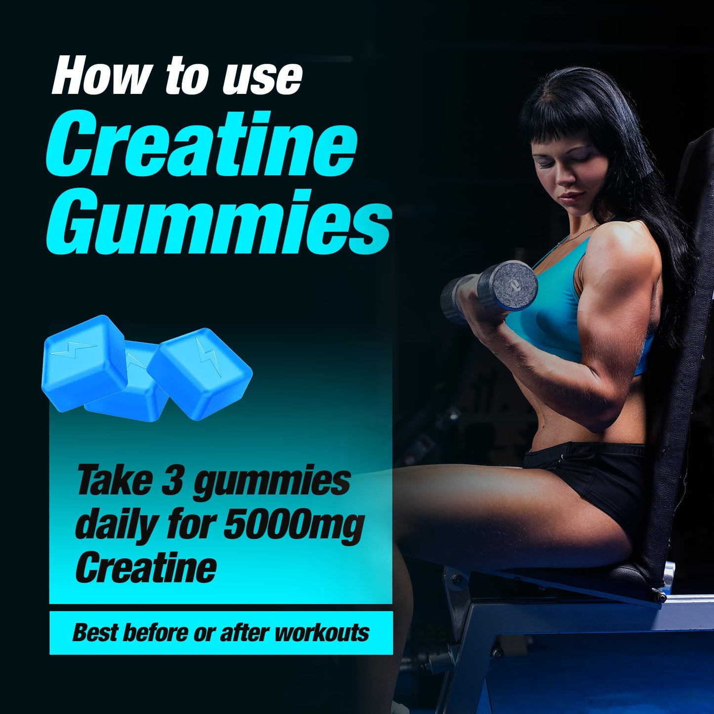 Laser Beams Creatine Monohydrate Gummies - 5g Creapure Creatine per Serving - Vegan, Blue Raspberry Flavor - Boost Muscle Strength, Endurance, Recovery & Mental Focus - 90 Gummies, Gluten-Free