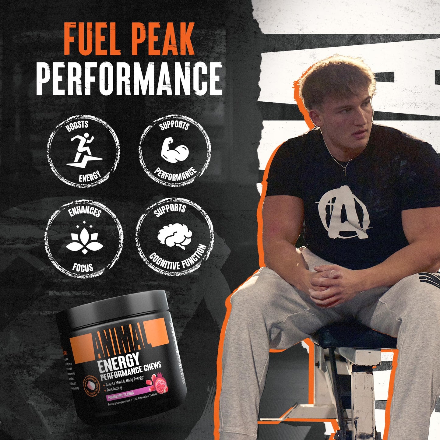 Animal Energy Chews with Caffeine - Fast Acting Energy, Nootropic Supplement with L-Tyrosine, L-Taurine, Sea Salt for Focus & Cognitive Performance, Pre Workout Gym, Cycling & Running Chews - Pomberry