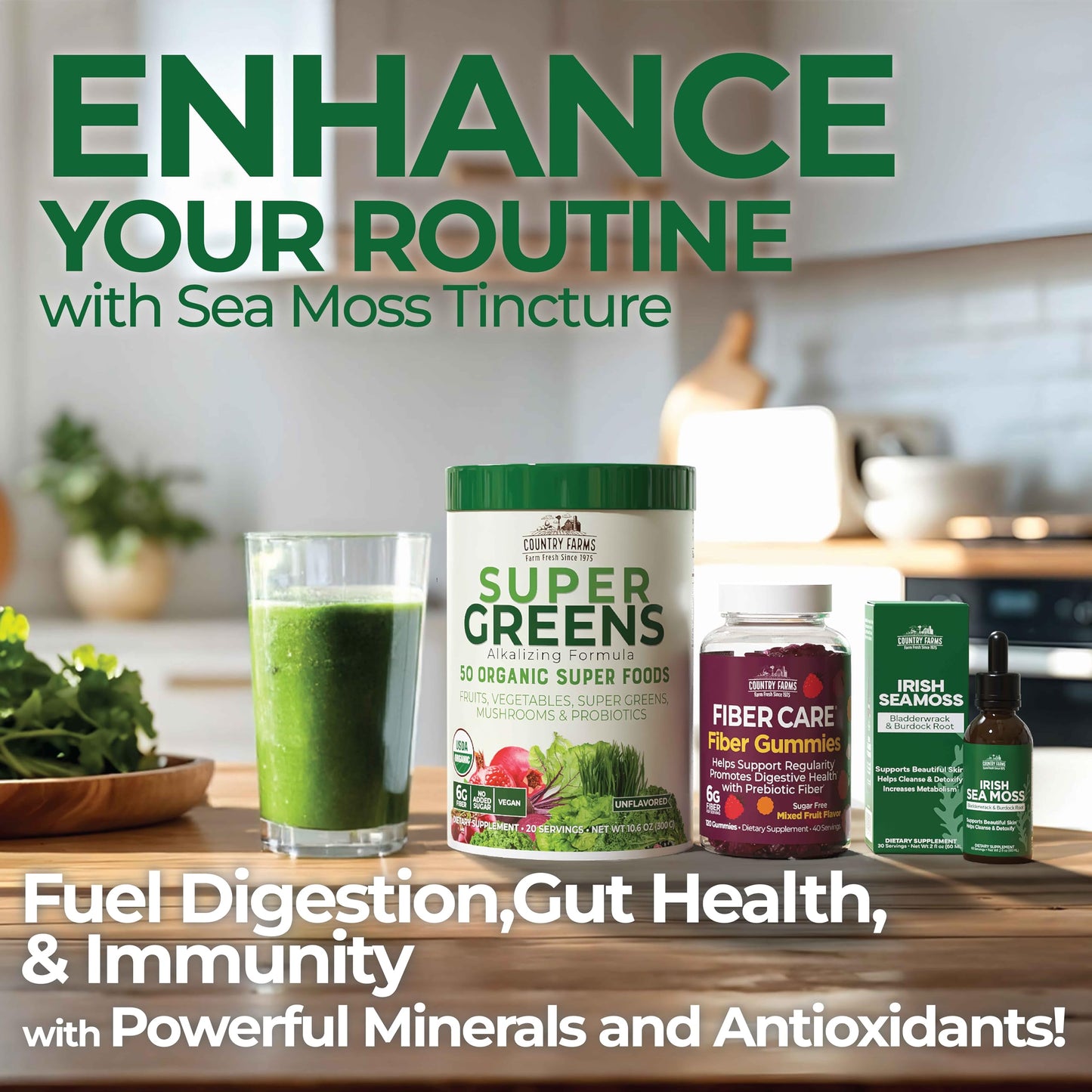 COUNTRY FARMS Super Greens Natural & Fiber Gummies, with Bonus Sea Moss Tincture, Natural Energy Support, Digestive Health, Supports Regularity, Bundle Pack