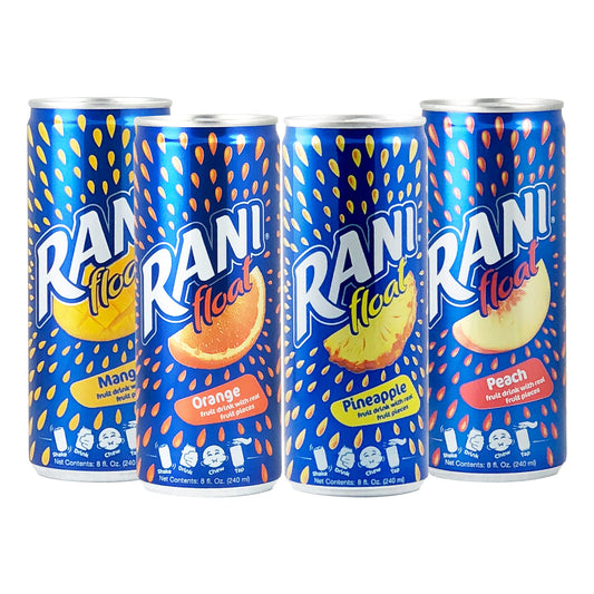 Rani Float Fruit Juice Drink Variety Pack Mango Orange Peach Pineapple Imported from Dubai Made with Real Fruit Pieces Low Sugar 8 oz Pack of 24