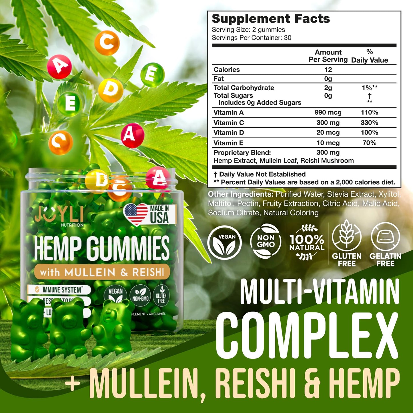2 Pack - JOYLI Hemp Gummies for Lung Cleanse - Sugar-Free Vegan Gummies with Mullein Leaf, Reishi Mushroom, & Multivitamins - Natural Lung Support Supplement - 60 per Pack
