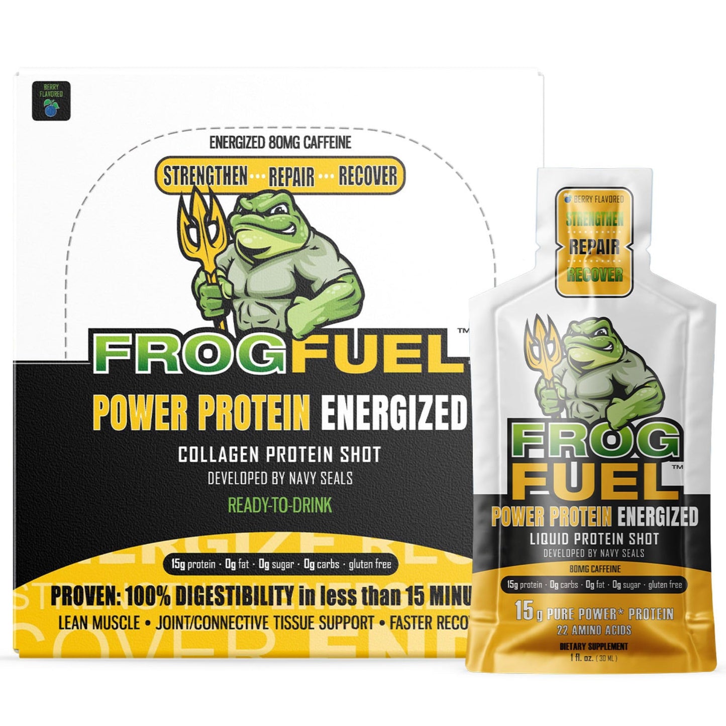 Frog Fuel Power Energized Protein Shot, 15g Protein Nano-Hydrolyzed Grass Fed Collagen, 80mg Caffeine, Fat & Sugar Free, 22 Amino Acids, 0 Carbs, Berry, 1 oz Packets, 24 Pack