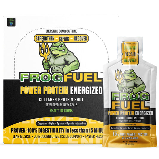 Frog Fuel Power Energized Protein Shot, 15g Protein Nano-Hydrolyzed Grass Fed Collagen, 80mg Caffeine, Fat & Sugar Free, 22 Amino Acids, 0 Carbs, Berry, 1 oz Packets, 24 Pack