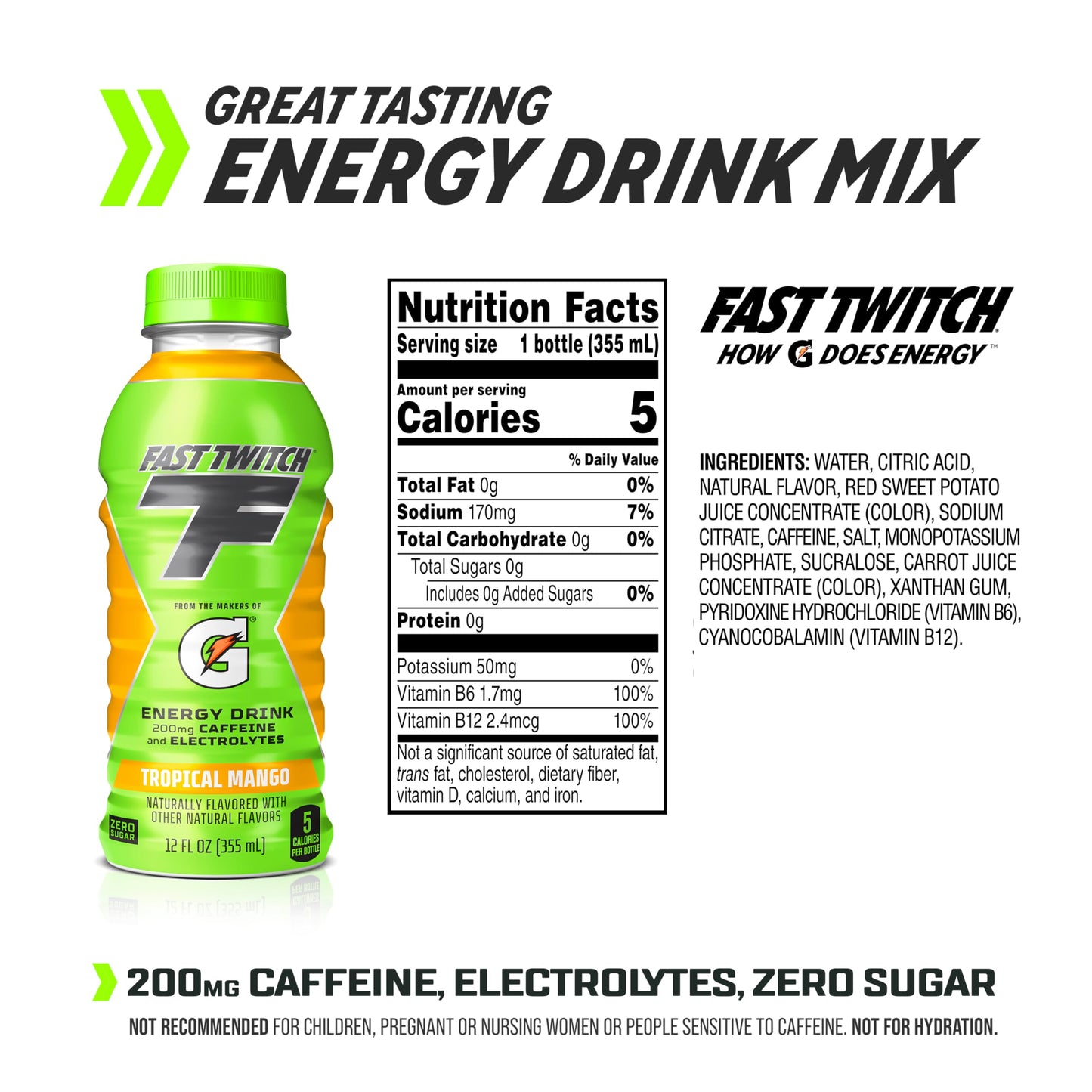 Fast Twitch Energy drink from Gatorade Tropical Mango 12oz Bottles 12 Pack 200mg Caffeine Zero Sugar Electrolytes