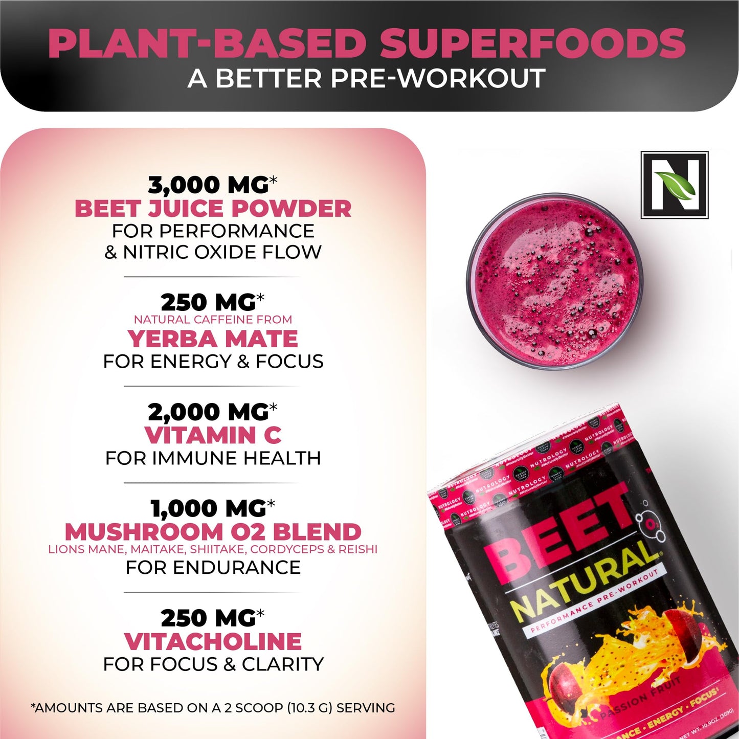 Nutrology Beet Natural O2, Pre Workout Powder, Energy, Endurance & Nitric Oxide Booster with Beet Powder, Yerba Mate, Adaptogens & Electrolytes, Vegan Pre Workout, Passion Fruit Flavor, 30 Servings
