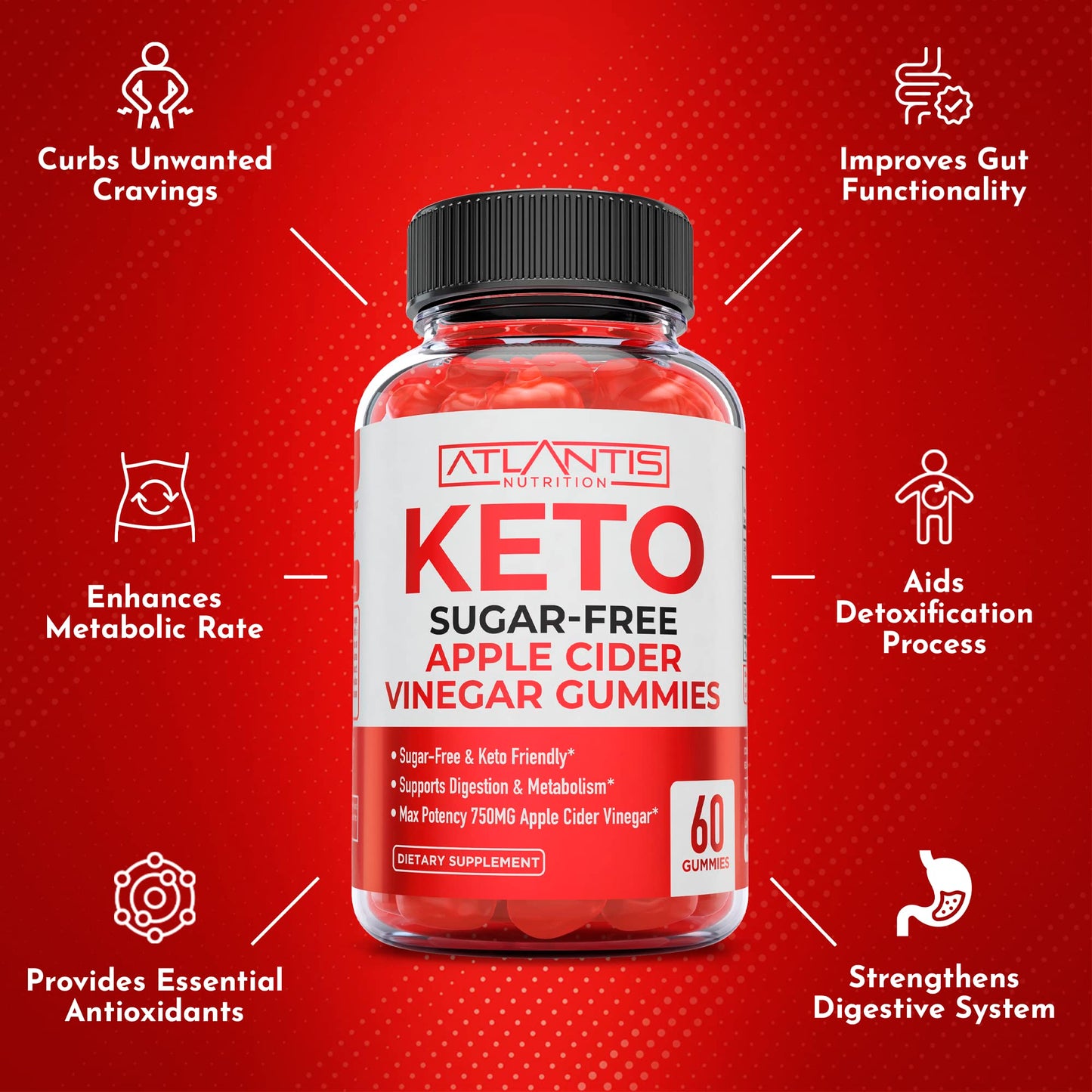 Atlantis Nutrition Sugar-Free Keto ACV Gummies for Weight Loss - Apple Cider Vinegar Gummies Formulated with 750MG ACV Per Serving - Supports Digestion, Weight Loss, Detox & Cleansing - 60 Count