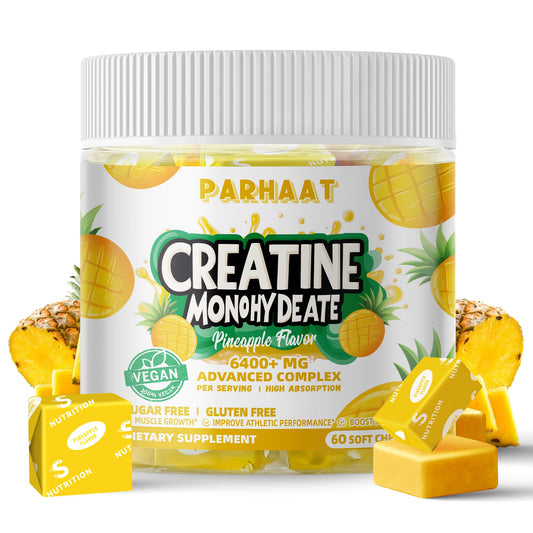 Creatine Monohydrate Chews Complex 6400mg for Men & Women -Advanced Formula W/L-Taurine + Vitamin B12, Sugar Free Chewable Supplement,60 Pineapple Softchews