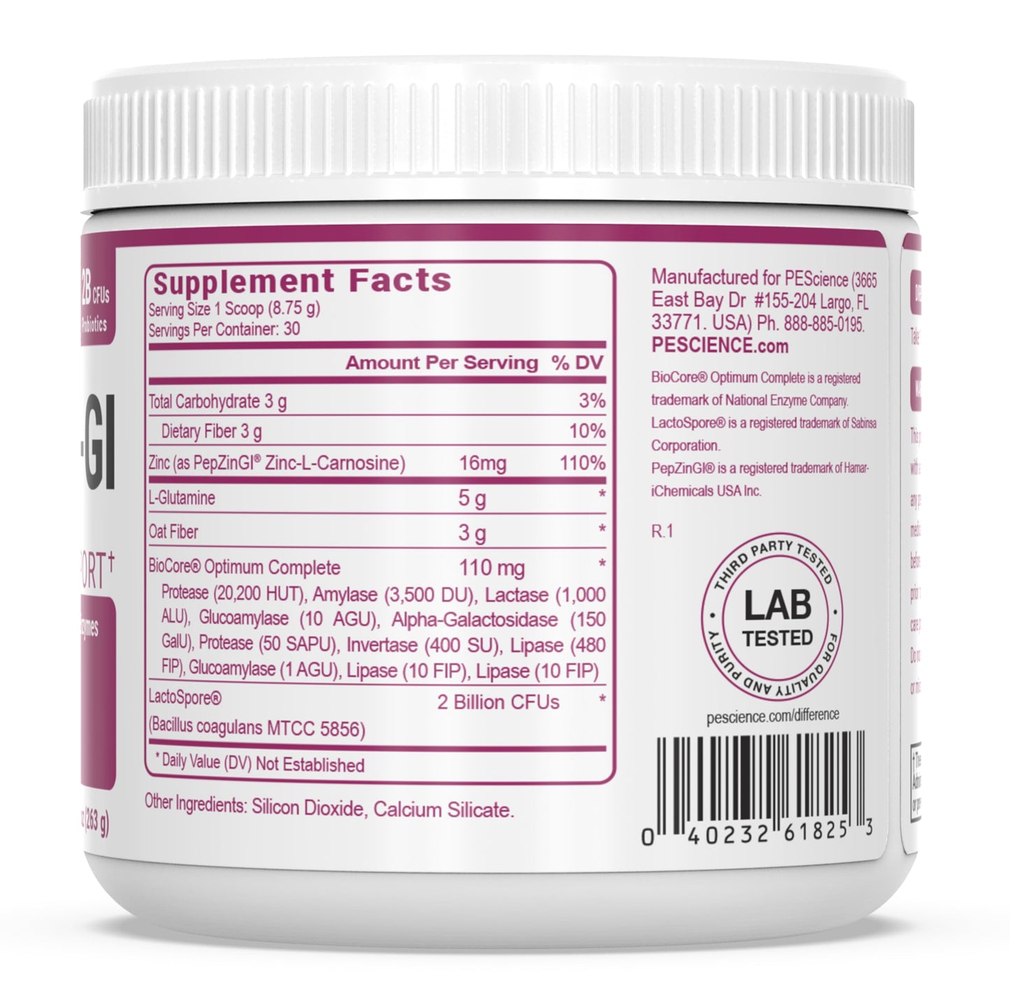 PEScience Complete-GI Gut Health Powder, Unflavored, Probiotics for Women and Men, Digestive Enzymes, Prebiotic Fiber, L Glutamine, Zinc Carnosine, 30 Servings