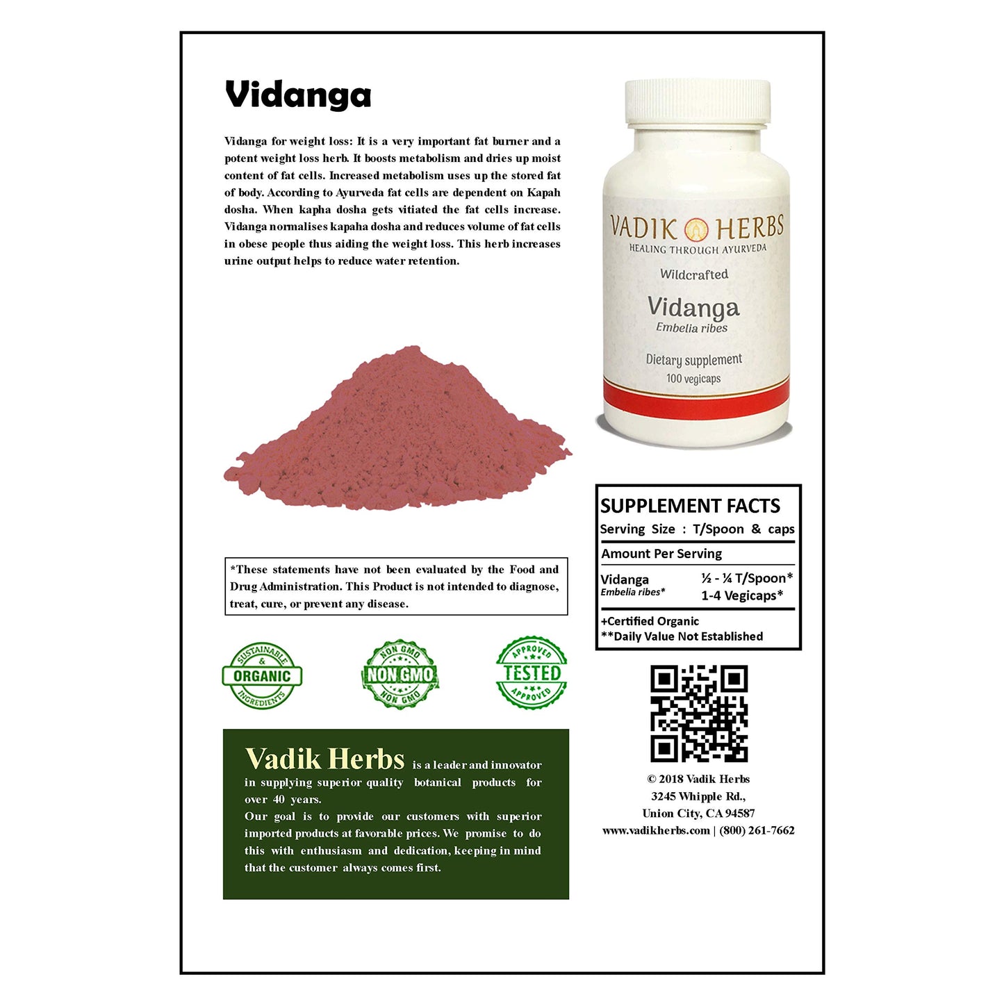 Vadik Herbs Certified Organic Vidanga (Embelia Ribes) Powder 1lb. Pack | Excellent Herb for Weight Loss, Skin Conditions, Intestinal Cleanser