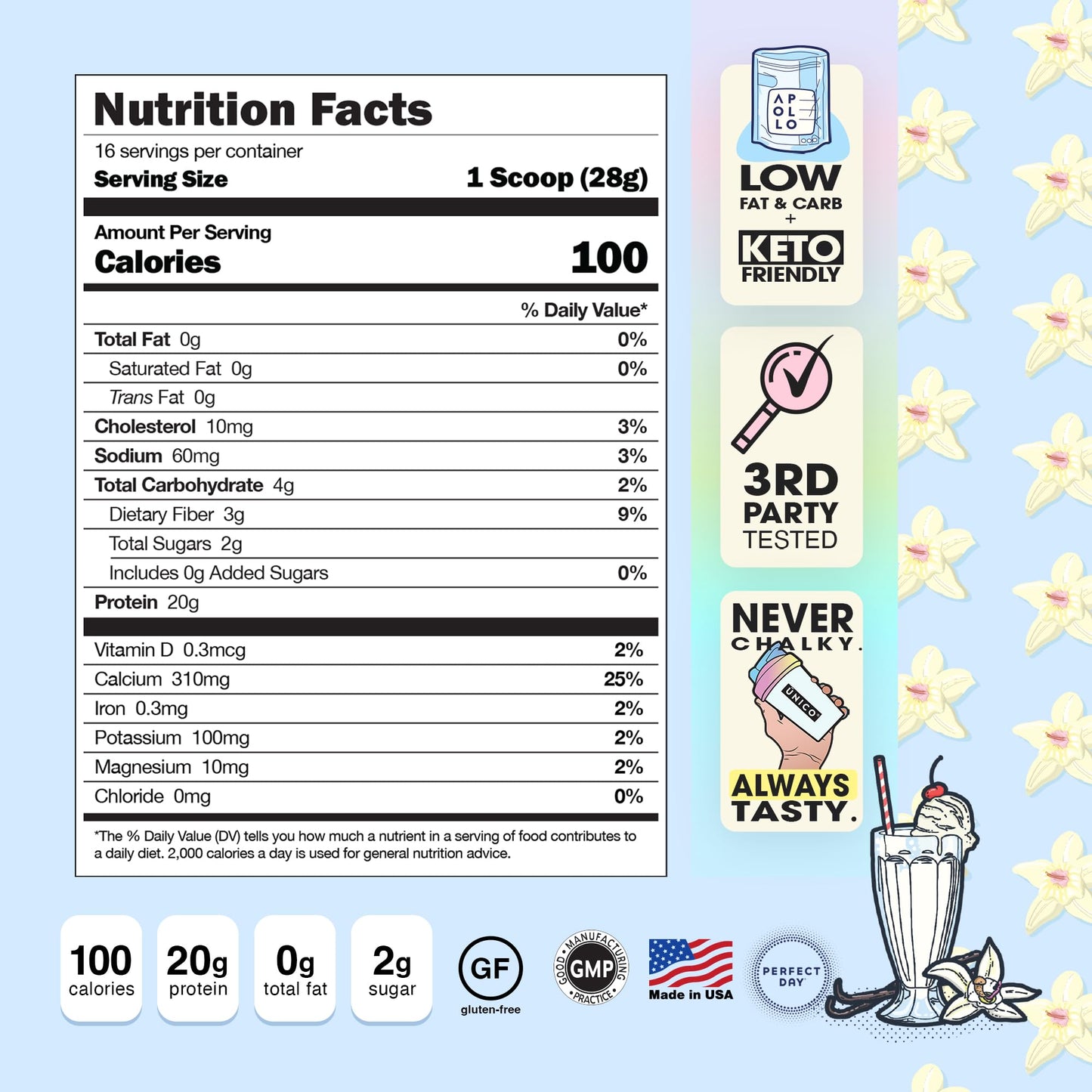 Unico Apollo Vanilla Milkshake Protein Powder - 100 Calories - 20g Protein - 0g Sugar - Non-Chalky & Easy to Digest - Whey/Casein Blend - Keeps You Full & Reduces Cravings | Great for Weight Loss