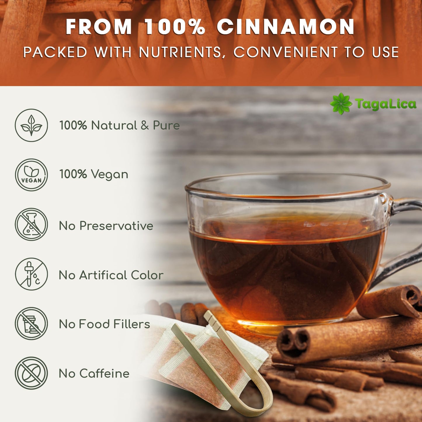 Tagalica 25 Cinnamon Tea Bags 100 Natural  Pure from Cinnamon Sticks Cinnamon Herbal Tea Cinnamon Stick Herbal Spice Tea No Sugar No Caffeine No Gluten Vegan