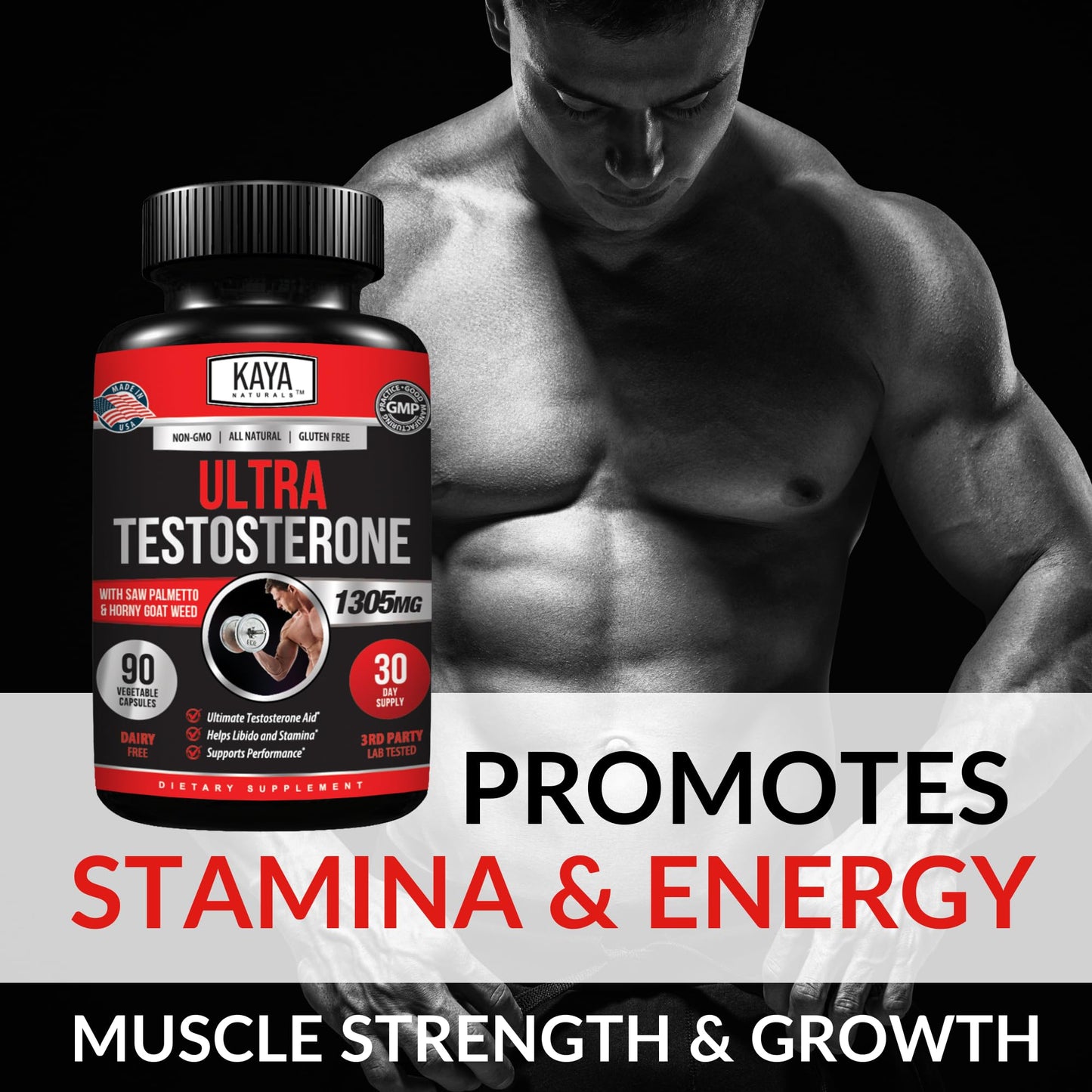 Kaya Naturals Ultra Testosterone - Men's Testosterone Booster with Tongkat Ali, Horny Goat Weed, Tribulus - Natural Workout Supplement for Energy, Stamina, and Strength Booster - 90 Count