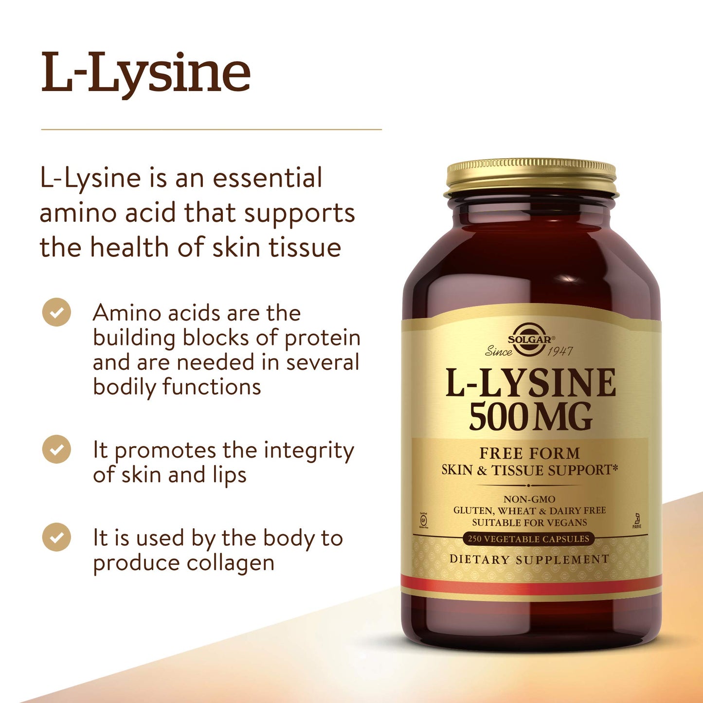 Solgar L-Lysine 500 mg, 250 Vegetable Capsules - Enhanced Absorption & Assimilation - Promotes Integrity of Skin & Lips - Collagen Support - Amino Acids - Non-GMO, Vegan, Gluten Free
