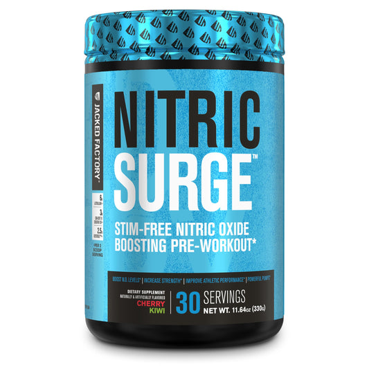 Jacked Factory Nitric Surge Stim Free Pre Workout Powder - Caffeine-Free Nitric Oxide Supplement w/Con-Cret Creatine, L Citrulline, & GlycerSize Glycerol - Cherry Kiwi, 30 Servings