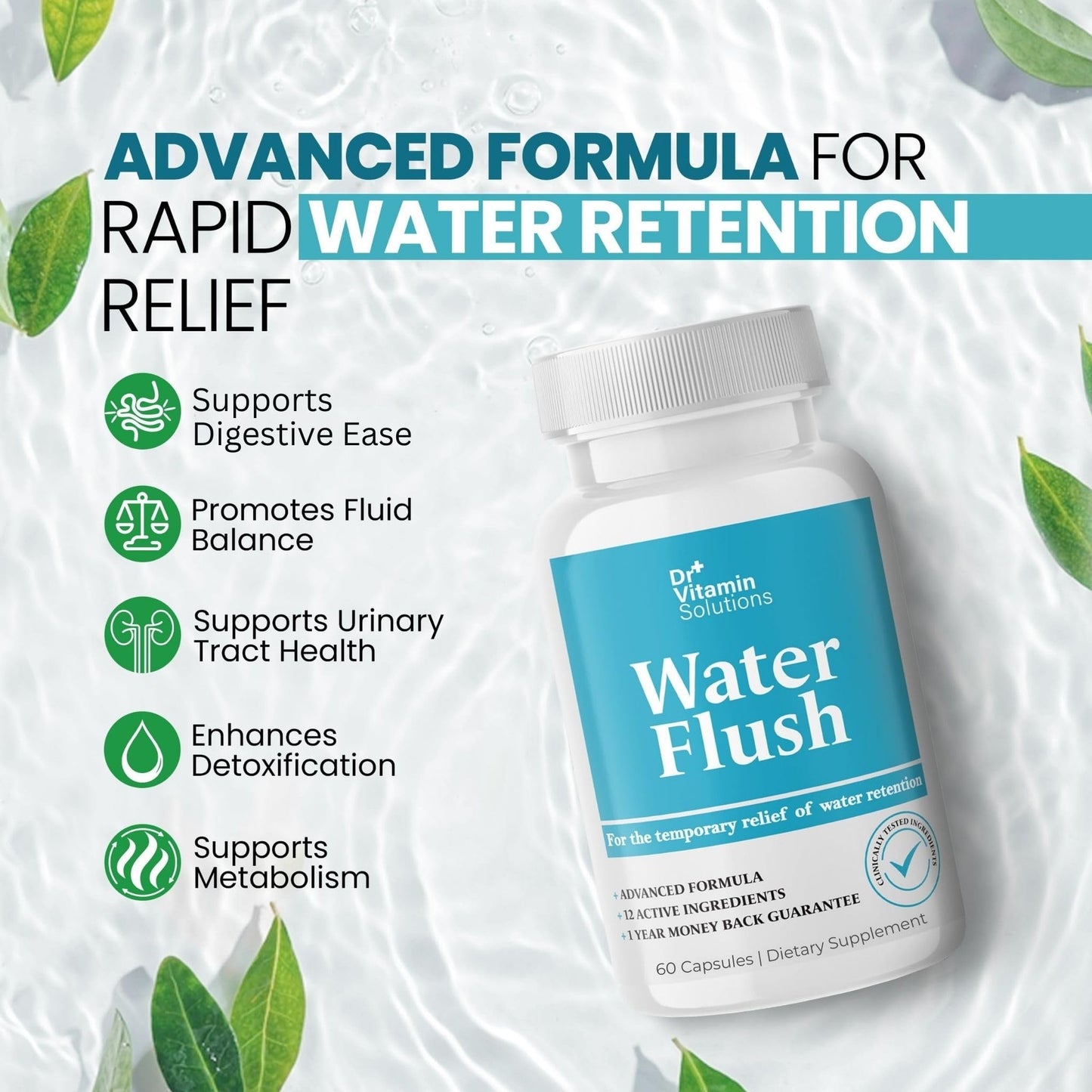 DR VITAMIN SOLUTIONS Diuretic Water Pills for Weight Control, 12 Active Ingredients (Green Tea, Cranberry & More), Instant Relief from Bloat & Swelling, Water Retention Pills for Women & Men - 60 Caps