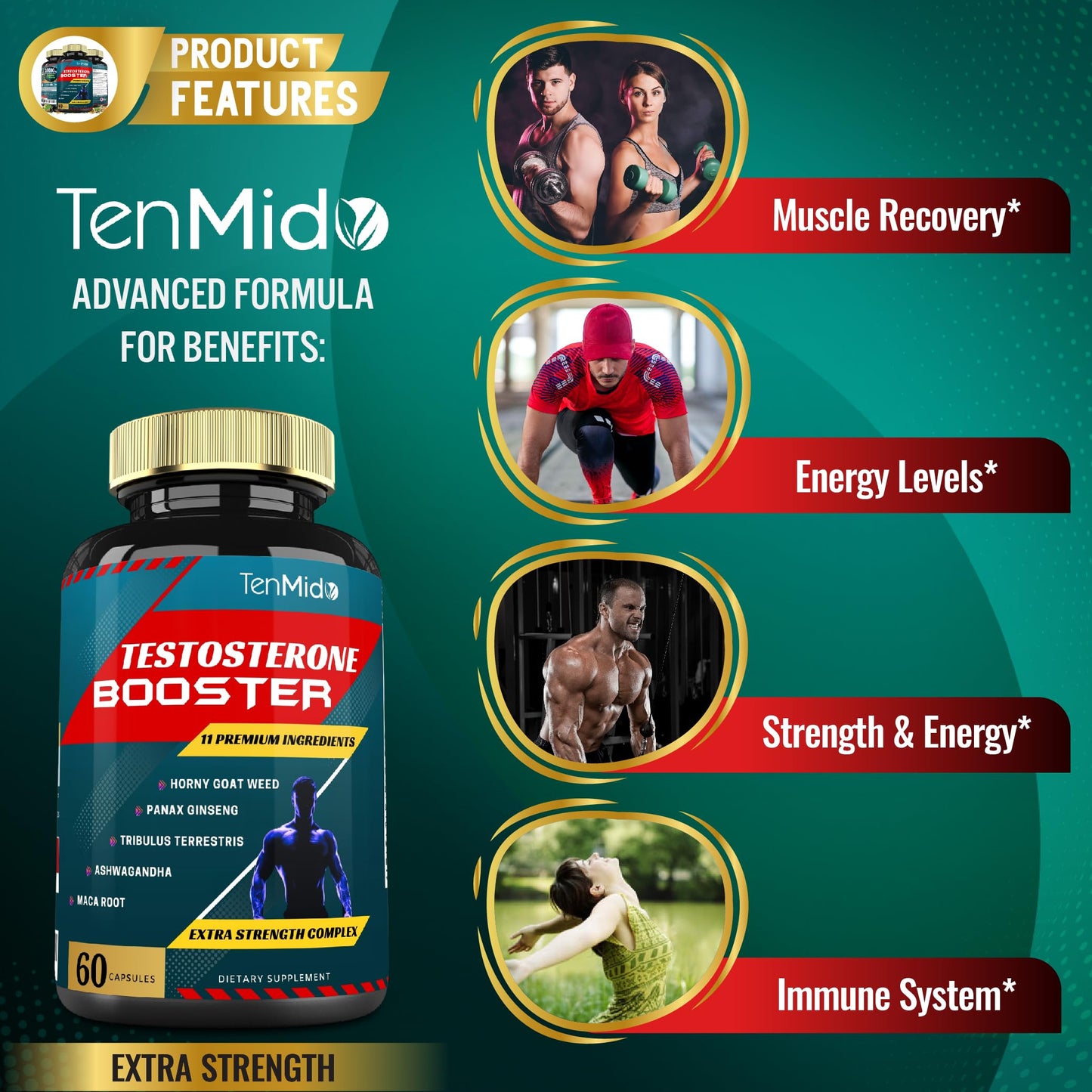 Tenmido Testosterone Booster for Men- Natural Stamina, Endurance & Strength Supplement - Muscle Building Growth, Increasing Performance, Boosts Energy
