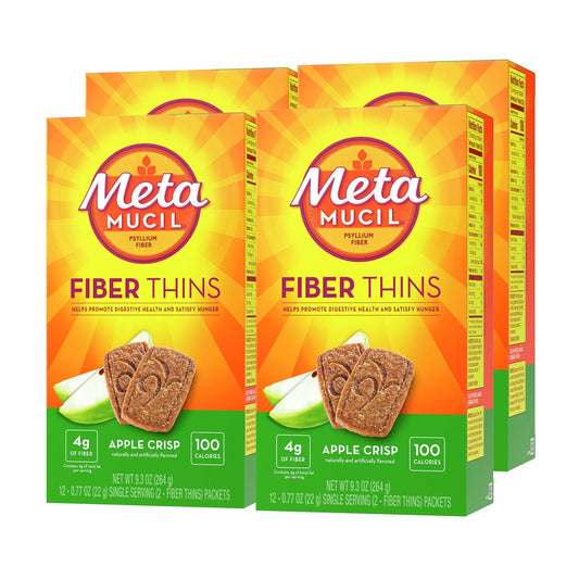Metamucil, Fiber Thins, Daily Psyllium Husk Fiber Supplement, Supports Digestive Health and Satisfies Hunger, Apple Crisp Flavor, 48 Total Servings (4 Packs of 12)