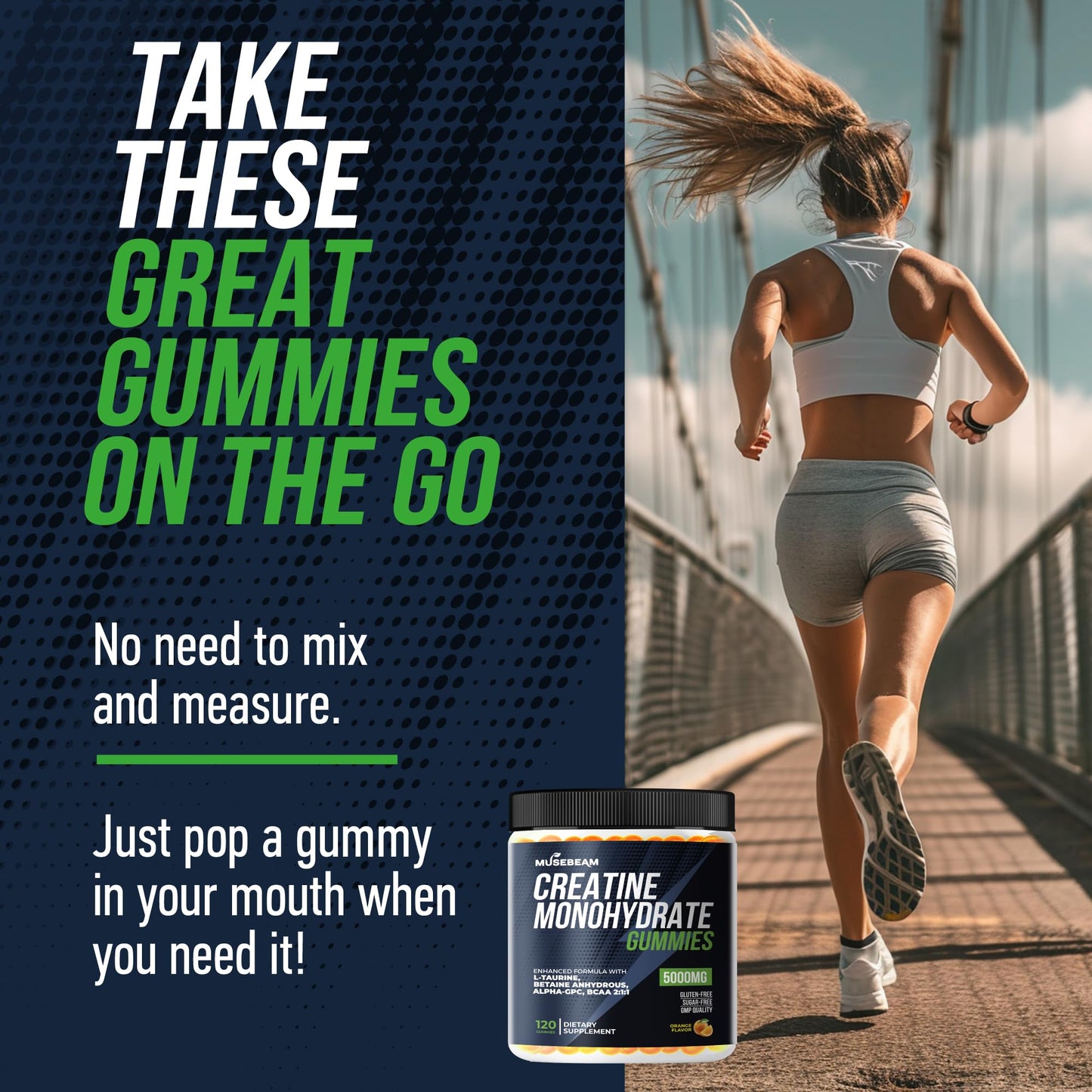 musebeam Creatine Monohydrate 5000mg Supplement Gummies - with L-Taurine Betaine Anhydrous Alpha-GPC BCAA 2:1:1 - Sugar-Free Gluten Free for Men Women