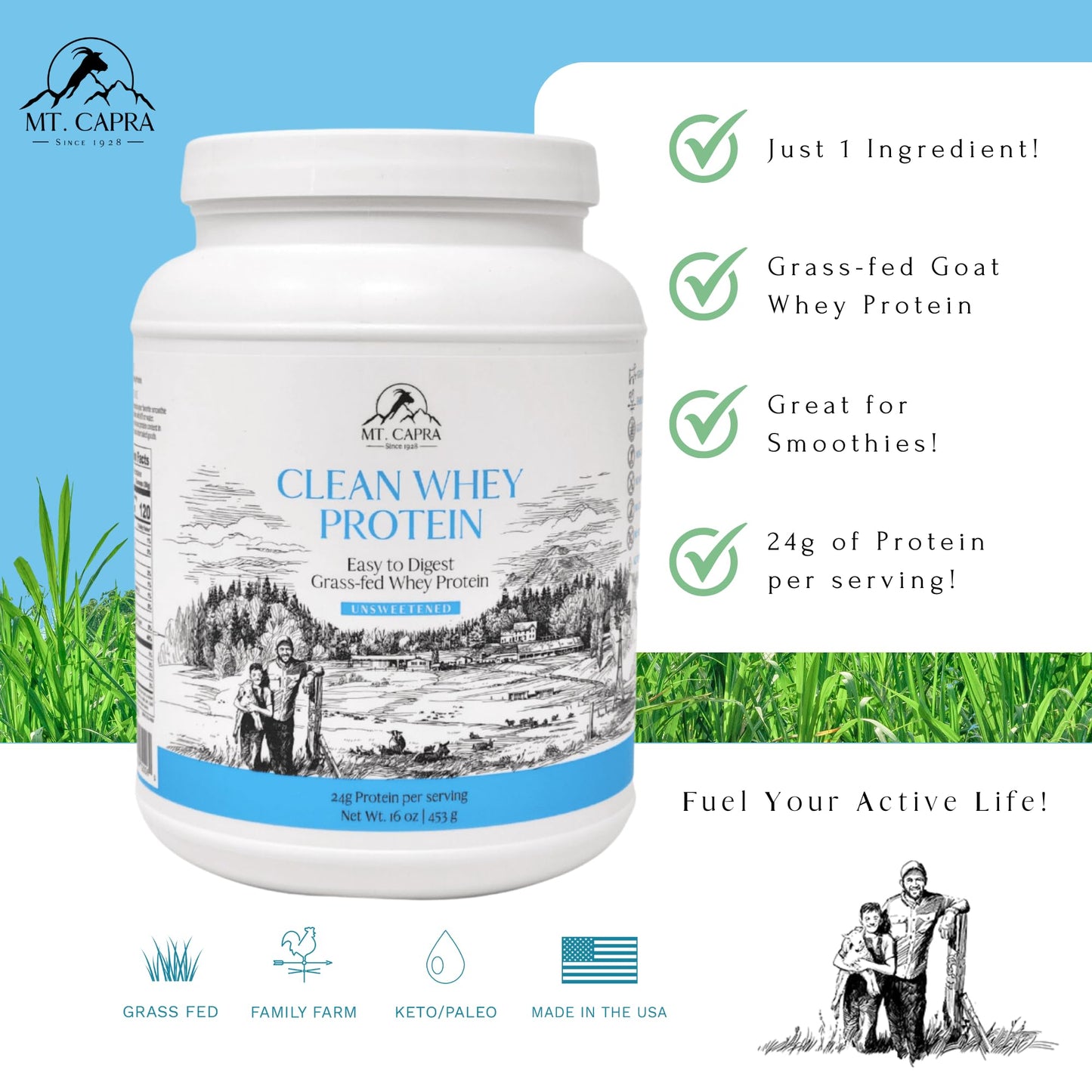 Mt. Capra Clean Whey Protein | Grass-Fed Undenatured Goat Whey Protein Powder | 24 g Protein Per Serving, All Natural, Non-GMO, High in Branch Chain Amino Acids | Unsweetened | 15 Servings - 16 oz