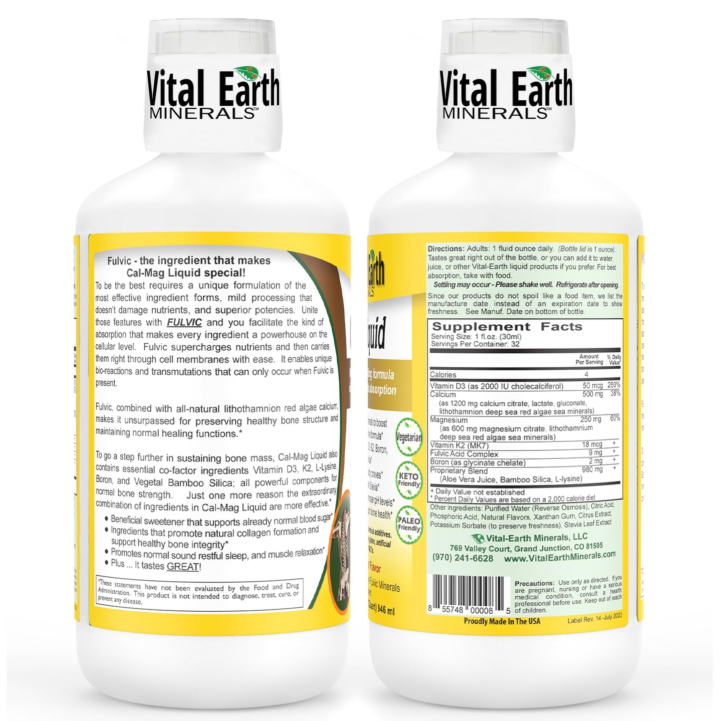 Vital Earth Minerals Cal-Mag Liquid - Calcium Magnesium Supplement with Vitamin D3, K2, Boron, and Fulvic Acid for Faster Absorption, 32 Oz + 1 Oz Cup