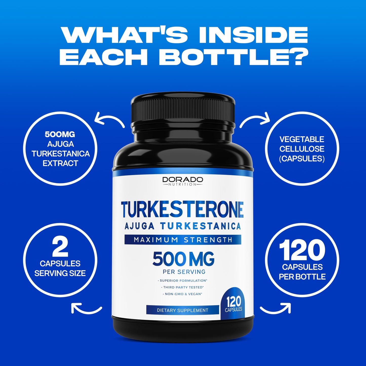 Turkesterone Supplement 500mg (120 Capsules) - Stamina, Drive, Athletic Performance & Muscle Mass - (Ajuga Turkestanica Std. to 10% Turkesterone) (Similar to Ecdysterone) - Non-GMO & Vegan Capsules