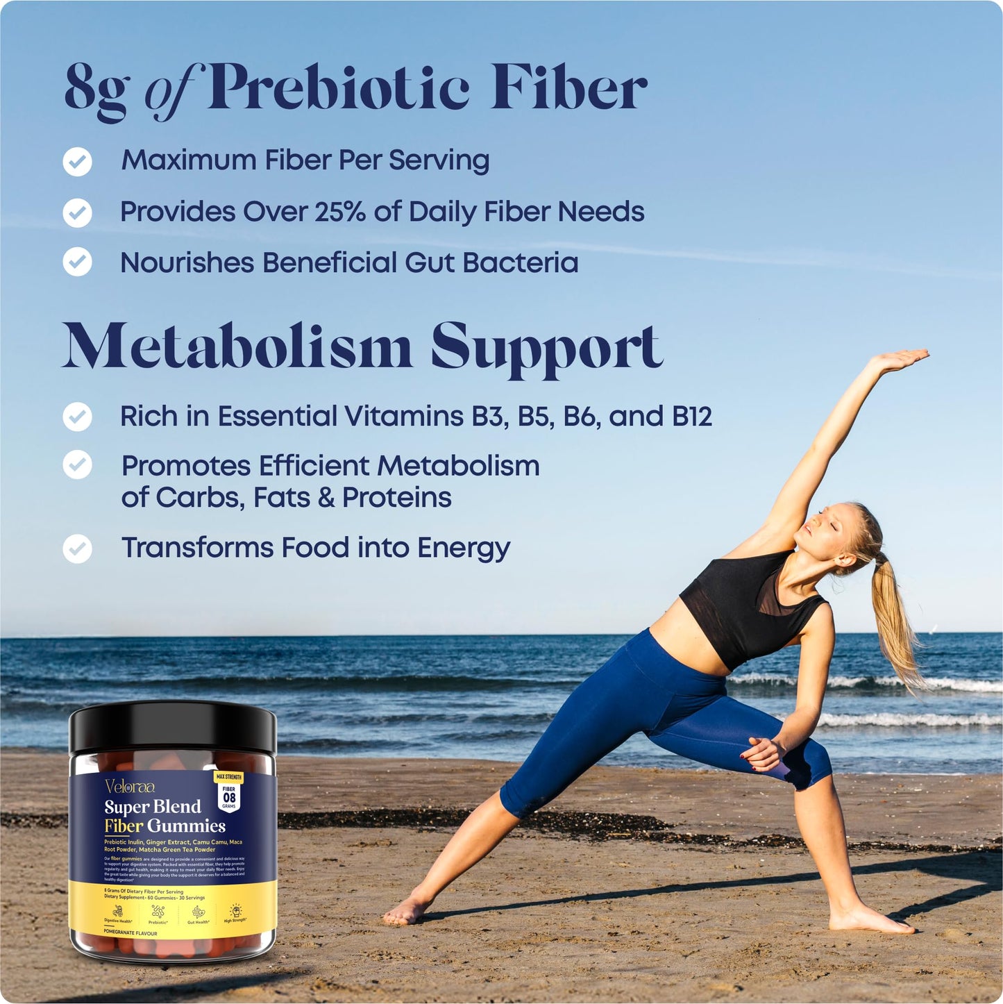 Veloraa Super Blend Fiber Gummies for Adults - 8g Prebiotic Fiber Gummies, Supports Digestive Health, Bloating Relief & Wellness, Infused with Ginger, Camu Camu & Matcha, Strawberry Flavor - 60 Count