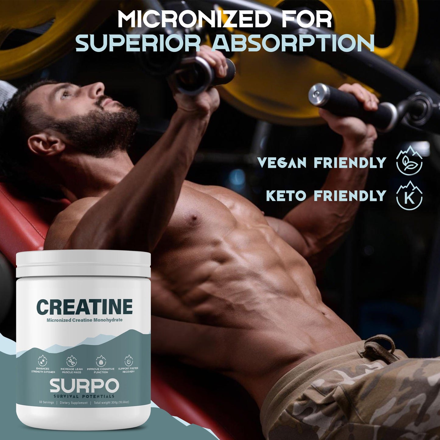 SURPO Micronized Creatine Monohydrate Powder - 300g, 60 Servings | Pure Creatine Powder | Unflavored | Gluten Free & Non GMO Workout Supplements for Men & Women | Ideal for Muscle Recovery & Growth