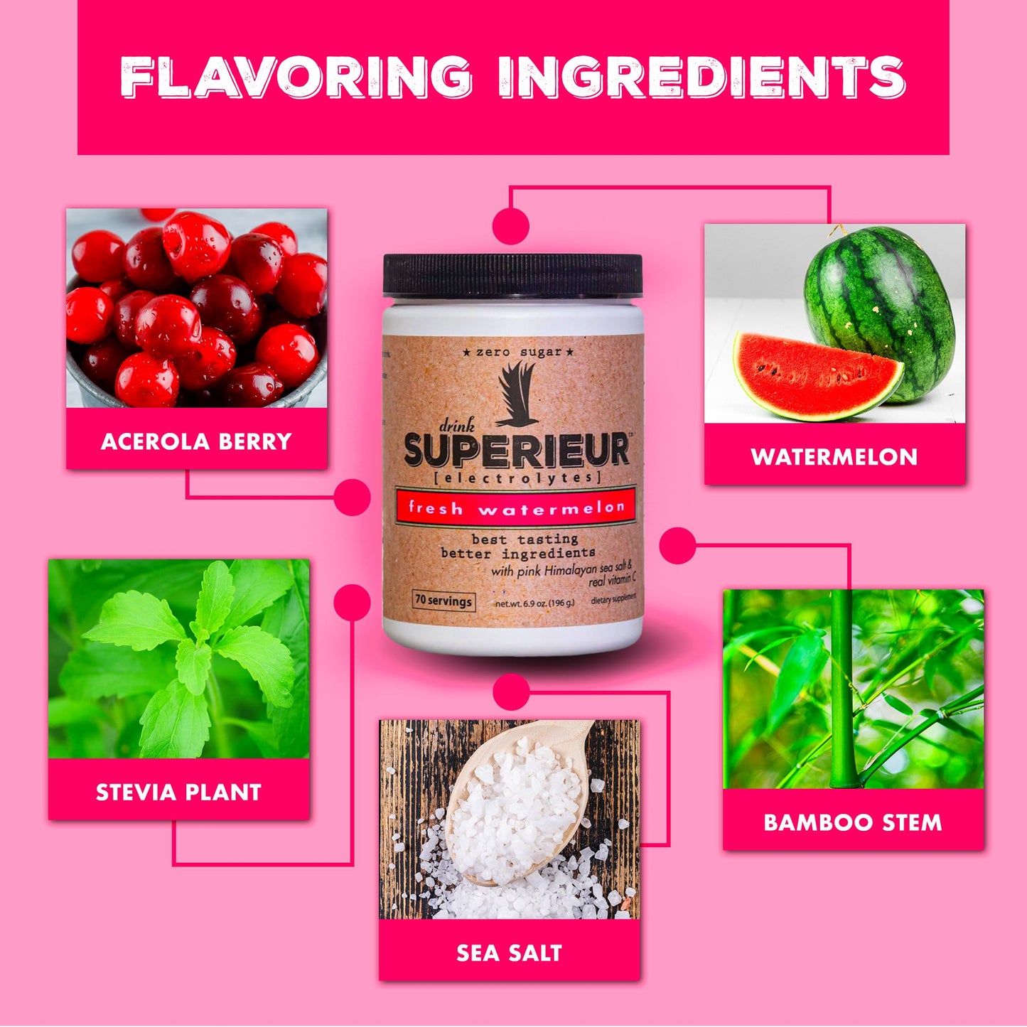 Superieur Electrolytes - Plant Based Electrolyte Supplement w/Sea Minerals for Hydration & Recovery - Keto Friendly, Non-GMO, Zero Sugar, Vegan Healthy Sports Drink Powder - Watermelon (70 Servings)