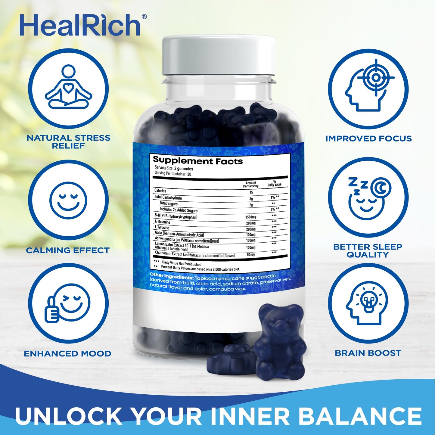 Stress Relief Gummies - 1500MG 5HTP with L-Theanine Gaba & L-Tyrosine - Ashwagandha Herbal Supplement Supports Intellectual Alertness Vegan Brain Mood Booost Supplements for Kids & Adults Made in USA