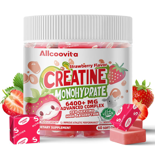 Creatine Monohydrate Chews Complex 6400mg for Men & Women -Advanced Formula W/L-Taurine + Vitamin B12, Sugar Free Chewable Supplement,60 Strawberry Softchews