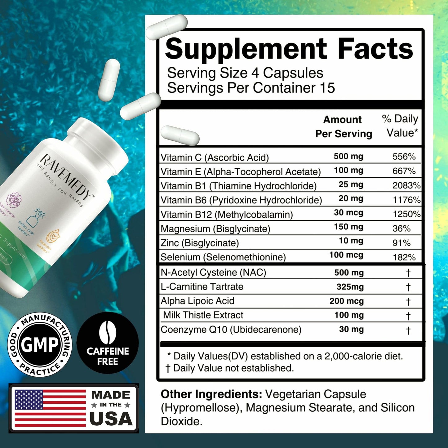 Ravemedy, Rave Essentials, Rave Vitamins - Rave Supplement, EDC Festival Essentials, Rave Kit, Support for Energy, Hydration & Detox | No 5-HTP