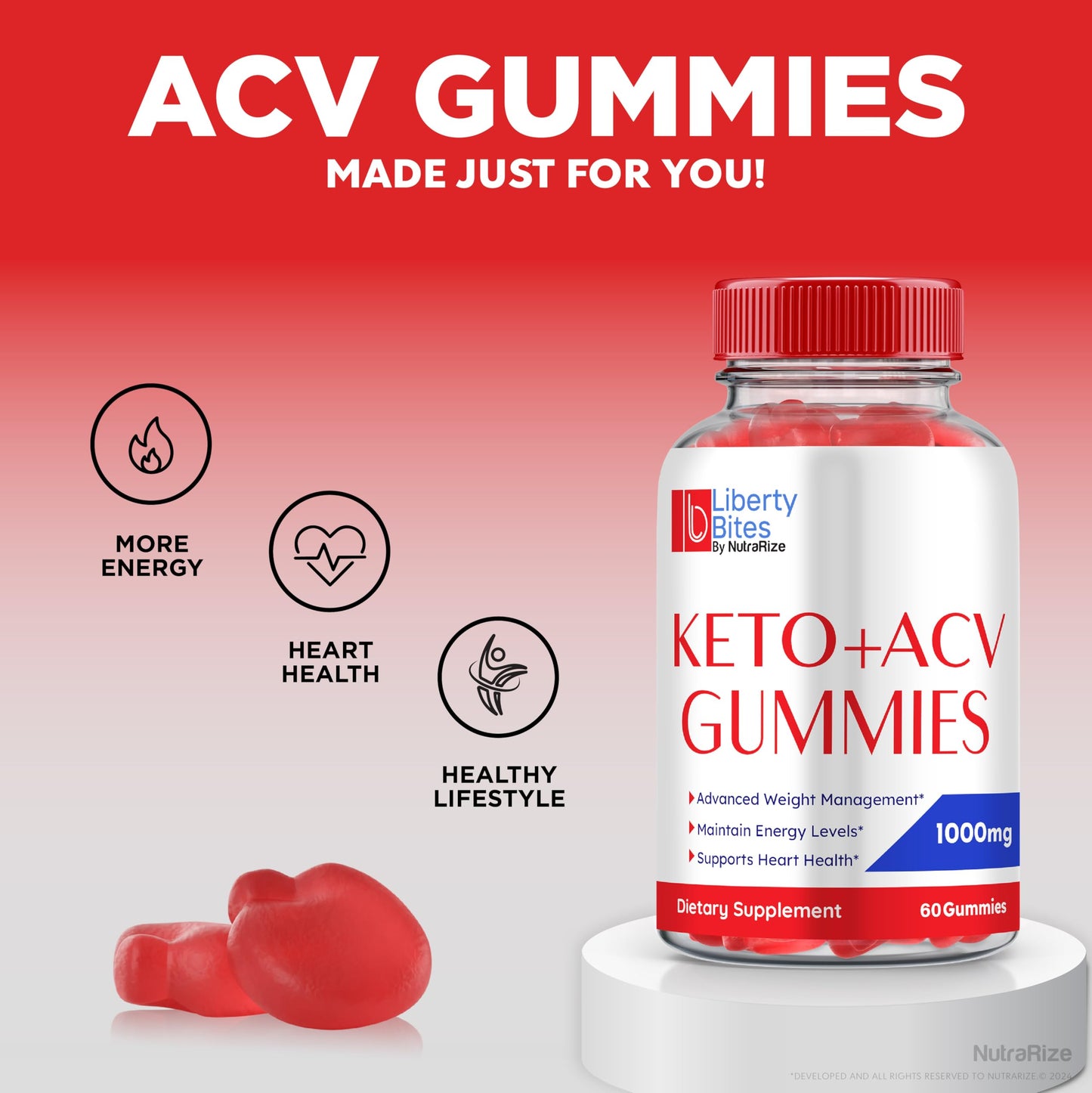 Liberty Bites, Liberty Bites Keto ACV Gummies, All Natural Keto Plus ACV for Weight Loss, Apple Cider Vinegar Gummy, Premium ACV Keto Formula, Official LibertyBites Gomitas (60 Gummies)