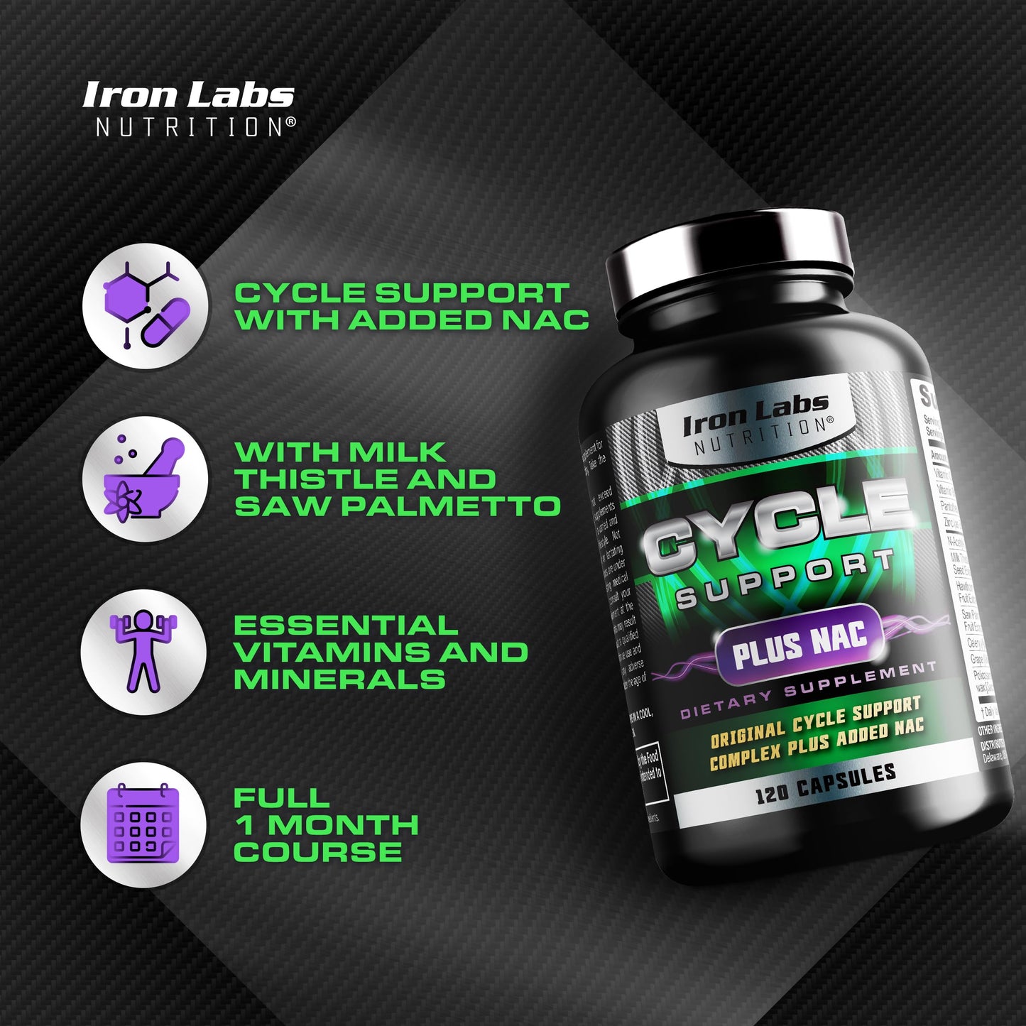 Iron Labs Nutrition: Cycle Support Plus NAC (N-Acetyl-L-Cysteine) - Kidney and Liver Support Supplement - On Cycle Support Supplements for Men - N Acetyl L Cysteine and Milk Thistle (120 Capsules)