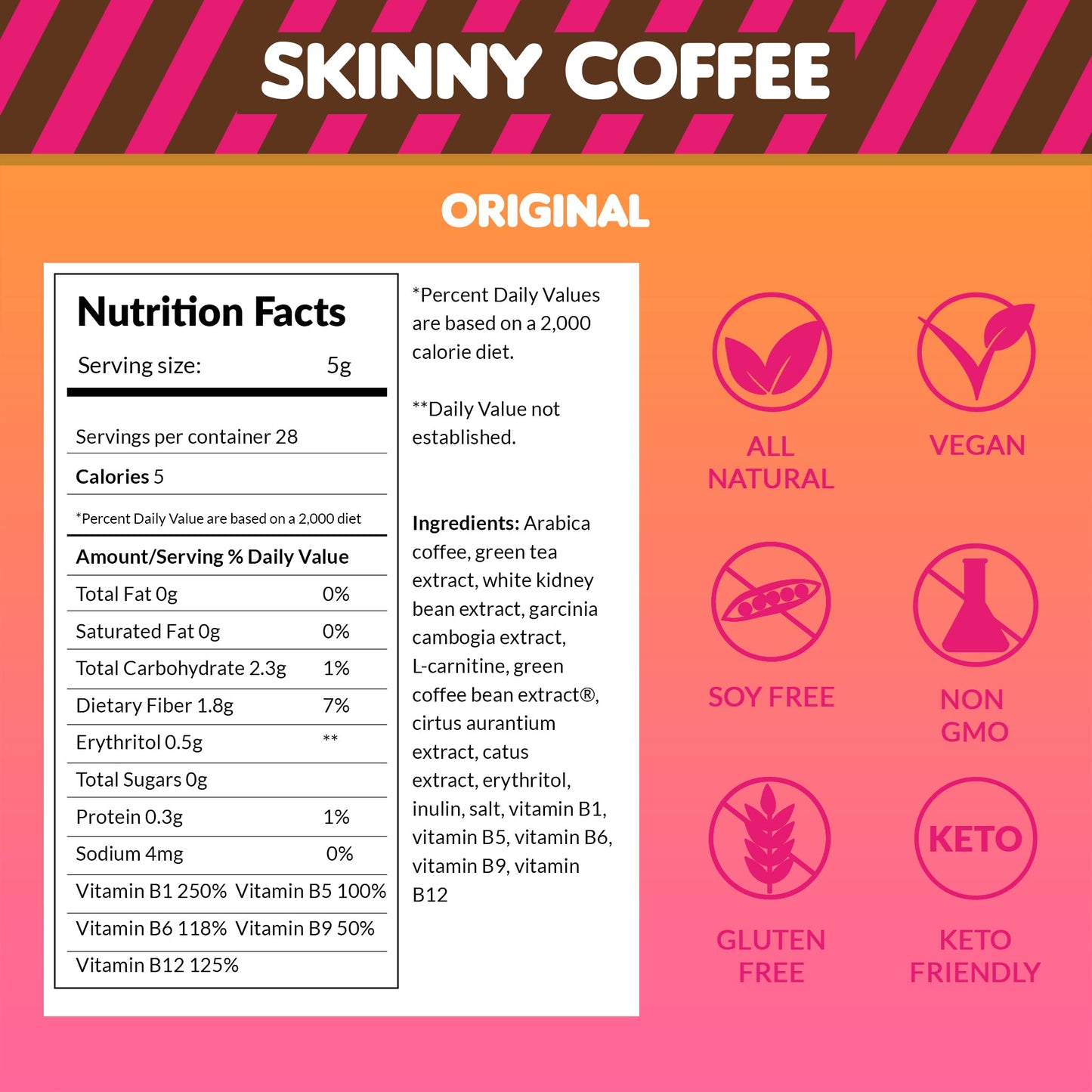 Skinny Boost Skinny Coffee- (Unflavored) Instant Sticks Made with Arabica Coffee, Garcinia Cambogia, Green Tea Extract, Coffee Bean Extract, and Prebiotics- Keto Friendly. (28 Packets)